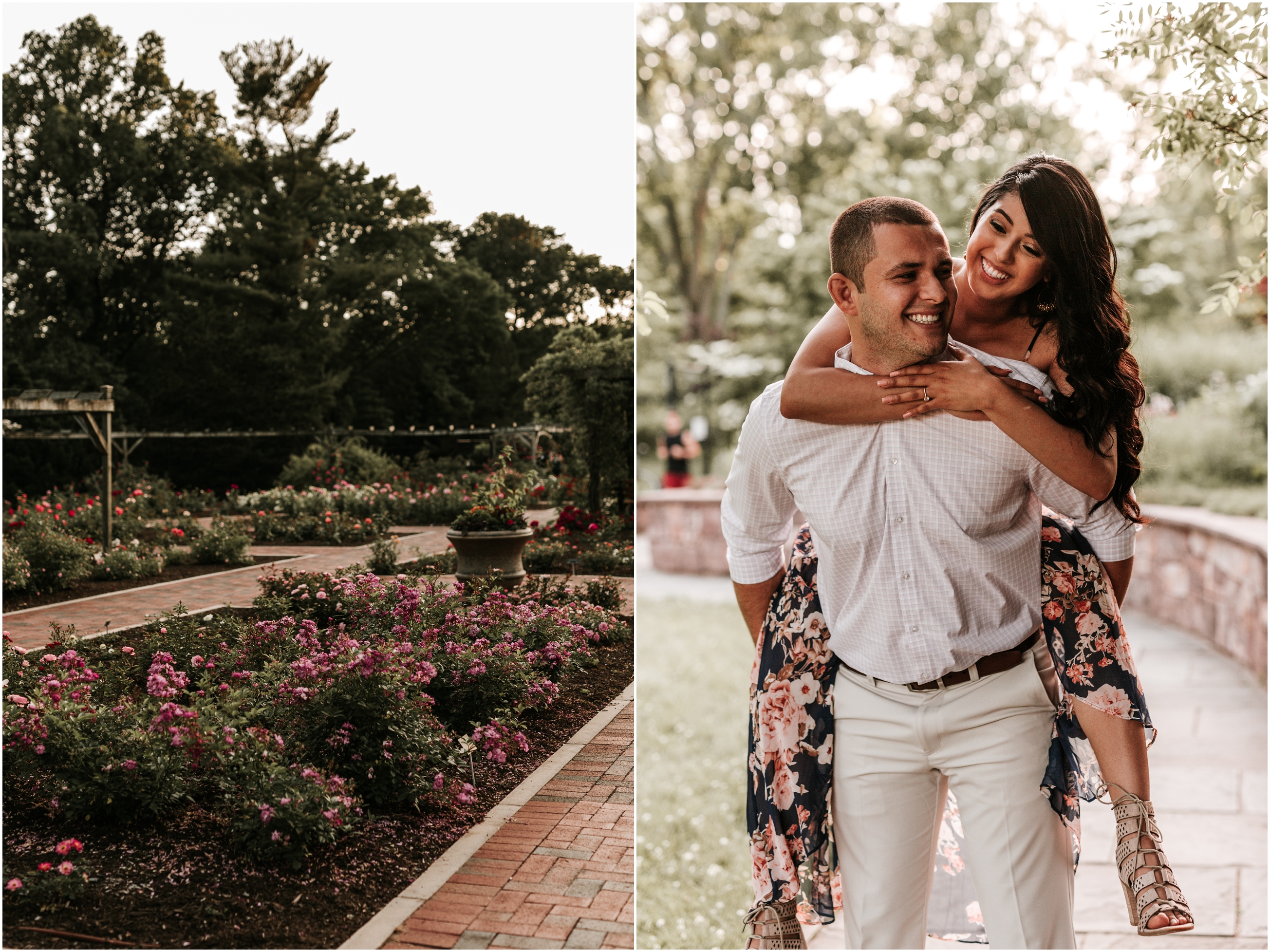 Tatiana and Ronald’s Colonial Park Engagement Session was all sorts of perfect from the blooming rose garden to their adorable pups, & ! Look at those mushy faces!!! They were SO excited for their modeling gig; we had to bribe them with snacks to keep there attention on the camera, but hey, they’re pretty cute so we will cut them some slack for looking all over the place. :) Tati and Ronald were up for anything, and kept me laughing the entire shoot! We found the cutest little cottage house that I just couldn’t get enough of before we headed over into the rose garden. It was such a beautiful pathway full of different kinds of roses all labeled with unique names (one kind was named Dolly Partons, haha!) These high school sweethearts met during the last few days of Tati’s sophomore year and Ronald’s freshman year. They lived in different towns, so they had never met before until the day that Tati was at her locker with a friend and noticed him walking by. She thought he was very good looking, so she asked her friend what she knew about him and that was it. She, unexpectedly, got a friend request from him on Facebook (She later ended up finding out he had been asking his friends who she was, too)! They became friends, and although school ended in June, they just kept on messaging on Facebook. They ended up dating for a whole 3 weeks when school started back in Semptember, but they broke up soon after. Life happened for nine months and there was no communication between them until out of the blue, they ended up attending the same church! From there, their love story officially began. They have been together for almost 6 years now, and Tati says, “We have grown up together from immature 15 year olds to adults.There have been highs and lows, like any relationship, but thankfully, we have been able to fight through.”   When I asked about how Ronald proposed, Tati told me, “So Ronald proposed on August 12th 2017. It was a complete surprise for me. On that day, I was told by my parents that we had a family dinner to go to, which they had to beg me to go to. I got ready even though all I wanted to do was stay at home and watch movies. On our way to the “family dinner,” my dad stopped at my pastor’s house. We went inside and to the backyard where all my friends and family were. There was a big screen with petals all on the grass. When I entered the backyard, I knew what was happening. A video started playing and it was Ronald speaking about our relationship. In the video, he had most of the gifts I had given him for our anniversary’s. When the video ended he asked me to marry him and I said YES, of course!” How adorable and romantic to be surrounded by all of their loved ones for such a special moment!! <3 Tatiana and Ronald, thank you both so much for sharing your story with me and for being so amazing to hang out with! I absolutely loved capturing this milestone in your lives, and I can’t wait for your big day next May!!! Xoxo