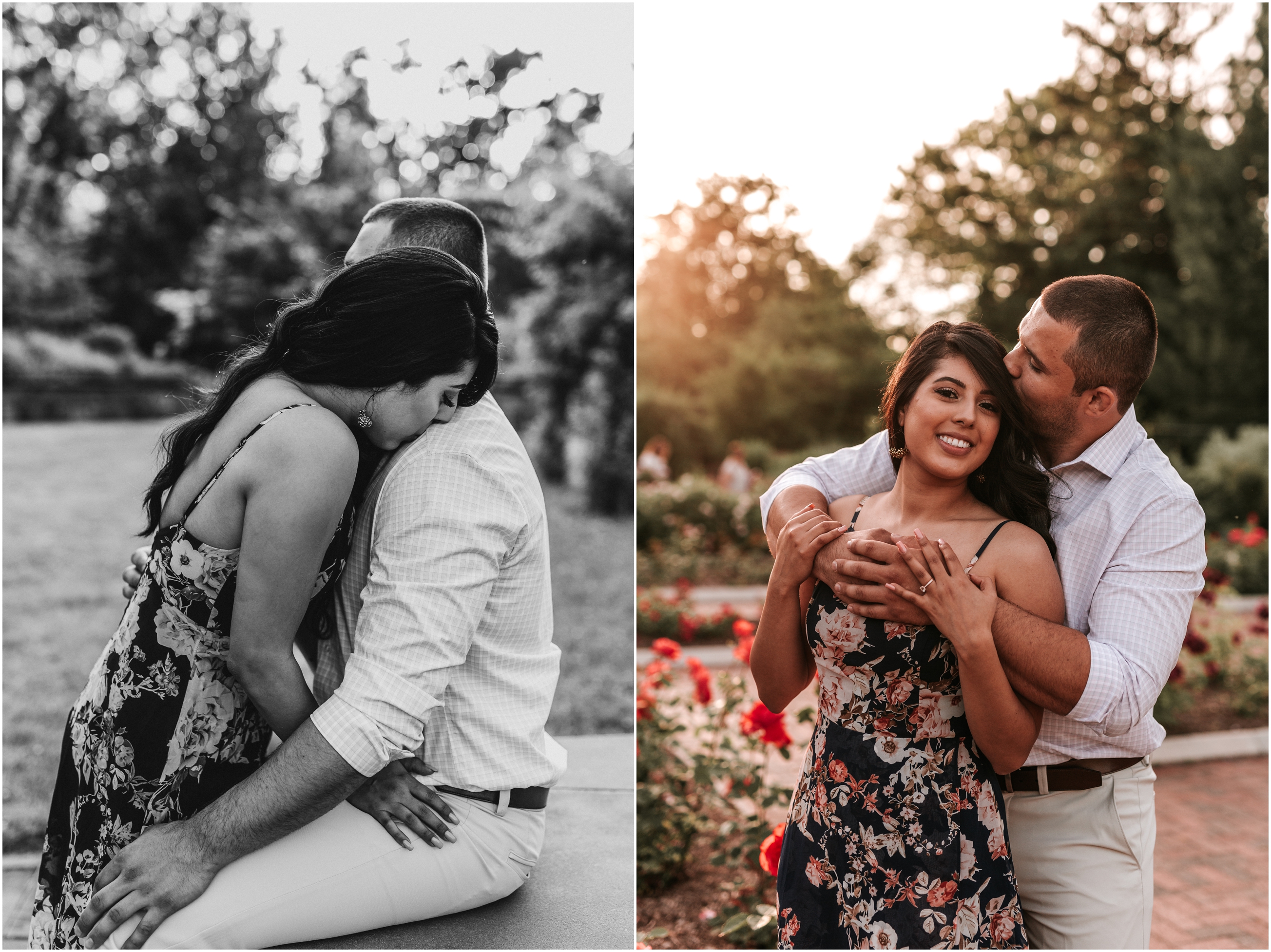 Tatiana and Ronald’s Colonial Park Engagement Session was all sorts of perfect from the blooming rose garden to their adorable pups, & ! Look at those mushy faces!!! They were SO excited for their modeling gig; we had to bribe them with snacks to keep there attention on the camera, but hey, they’re pretty cute so we will cut them some slack for looking all over the place. :) Tati and Ronald were up for anything, and kept me laughing the entire shoot! We found the cutest little cottage house that I just couldn’t get enough of before we headed over into the rose garden. It was such a beautiful pathway full of different kinds of roses all labeled with unique names (one kind was named Dolly Partons, haha!) These high school sweethearts met during the last few days of Tati’s sophomore year and Ronald’s freshman year. They lived in different towns, so they had never met before until the day that Tati was at her locker with a friend and noticed him walking by. She thought he was very good looking, so she asked her friend what she knew about him and that was it. She, unexpectedly, got a friend request from him on Facebook (She later ended up finding out he had been asking his friends who she was, too)! They became friends, and although school ended in June, they just kept on messaging on Facebook. They ended up dating for a whole 3 weeks when school started back in Semptember, but they broke up soon after. Life happened for nine months and there was no communication between them until out of the blue, they ended up attending the same church! From there, their love story officially began. They have been together for almost 6 years now, and Tati says, “We have grown up together from immature 15 year olds to adults.There have been highs and lows, like any relationship, but thankfully, we have been able to fight through.”   When I asked about how Ronald proposed, Tati told me, “So Ronald proposed on August 12th 2017. It was a complete surprise for me. On that day, I was told by my parents that we had a family dinner to go to, which they had to beg me to go to. I got ready even though all I wanted to do was stay at home and watch movies. On our way to the “family dinner,” my dad stopped at my pastor’s house. We went inside and to the backyard where all my friends and family were. There was a big screen with petals all on the grass. When I entered the backyard, I knew what was happening. A video started playing and it was Ronald speaking about our relationship. In the video, he had most of the gifts I had given him for our anniversary’s. When the video ended he asked me to marry him and I said YES, of course!” How adorable and romantic to be surrounded by all of their loved ones for such a special moment!! <3 Tatiana and Ronald, thank you both so much for sharing your story with me and for being so amazing to hang out with! I absolutely loved capturing this milestone in your lives, and I can’t wait for your big day next May!!! Xoxo