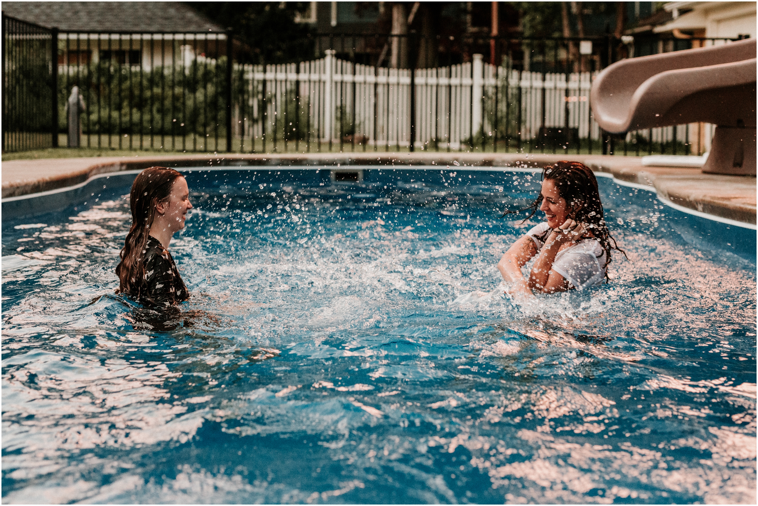 Montclair NJ Dog In Home Garden Pool Champagne Fight Engagement Session New Jersey Wedding Photographer