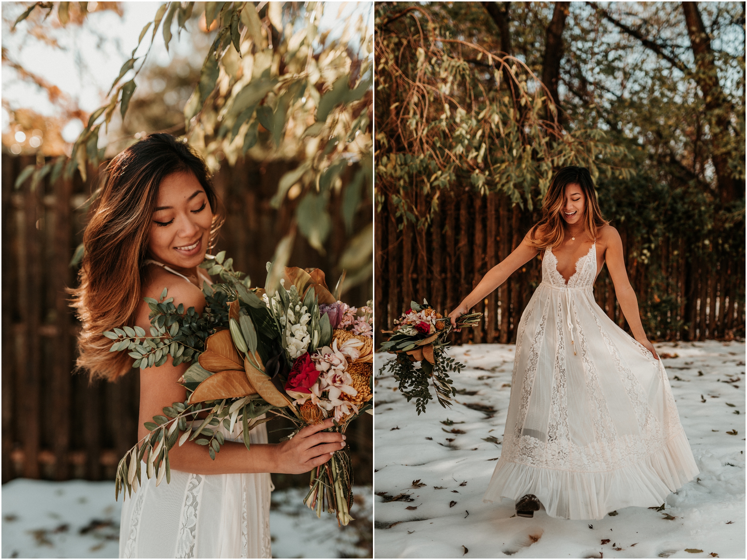 Styled Bridal Inspiration Snow Farmgirl Flowers Hunter Boots Free People Nature Backyard New Jersey NJ Wedding Photographer