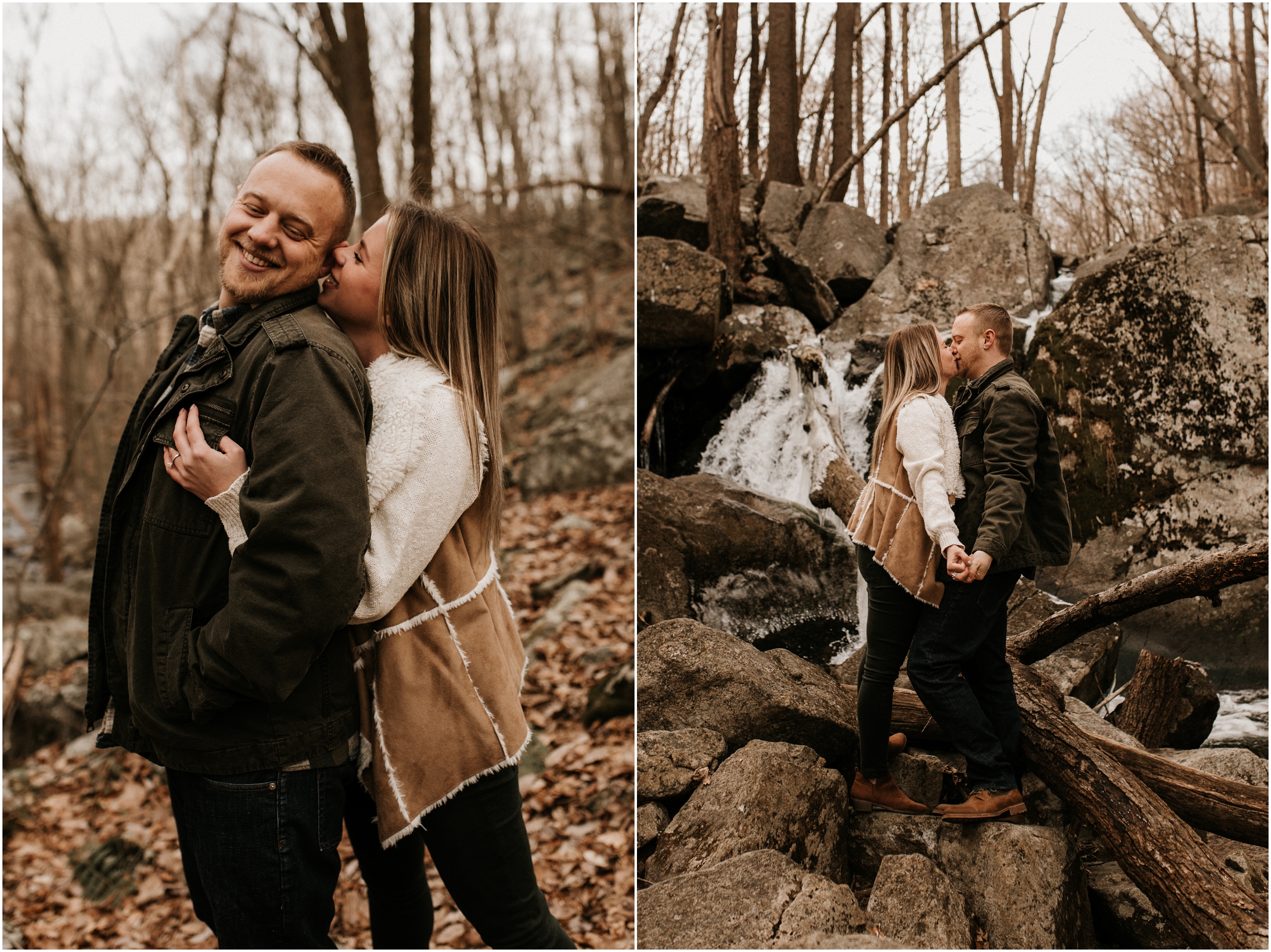 girl giving man kisses on cheek in the woods