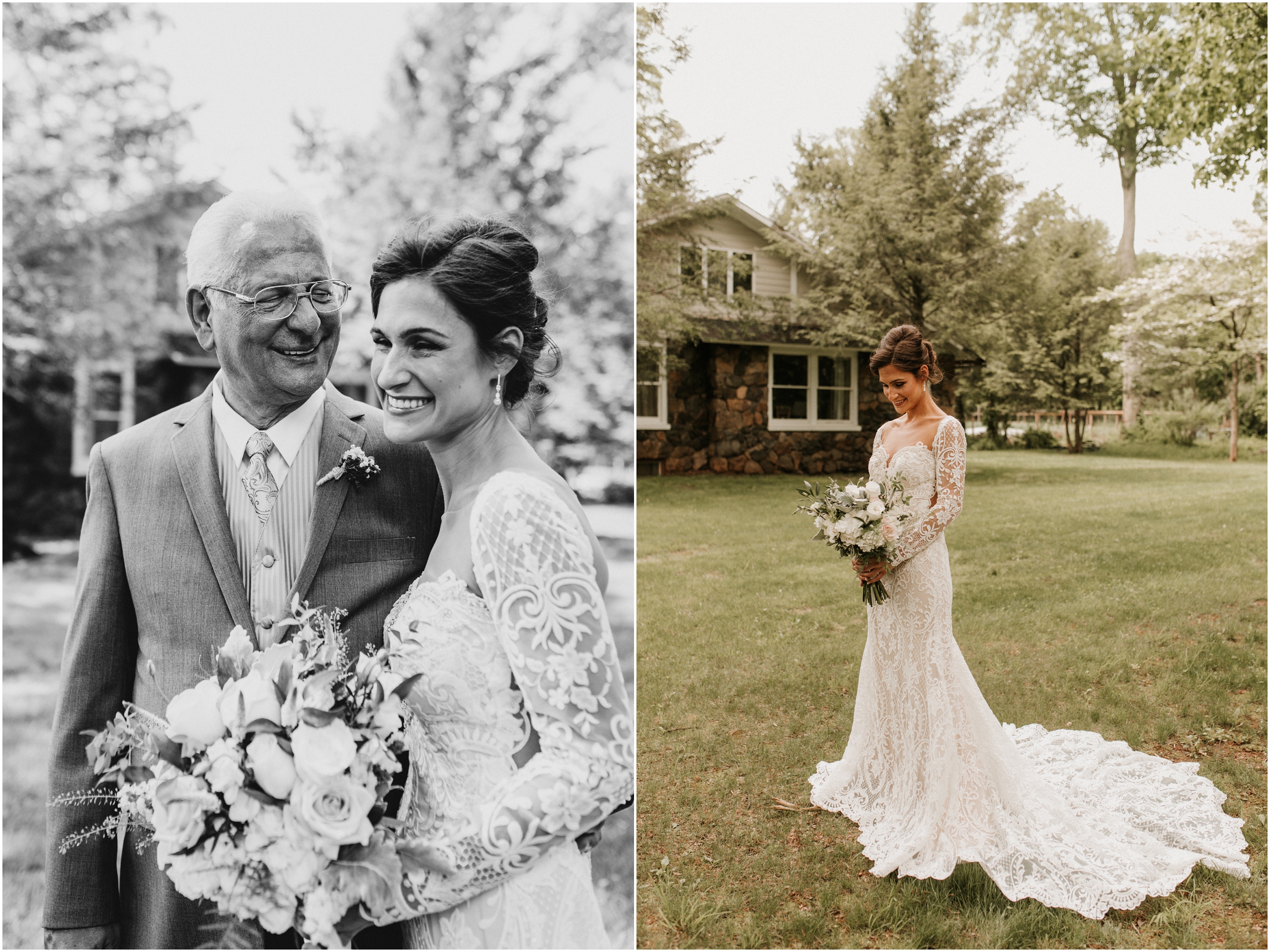 black and white of bride and her father