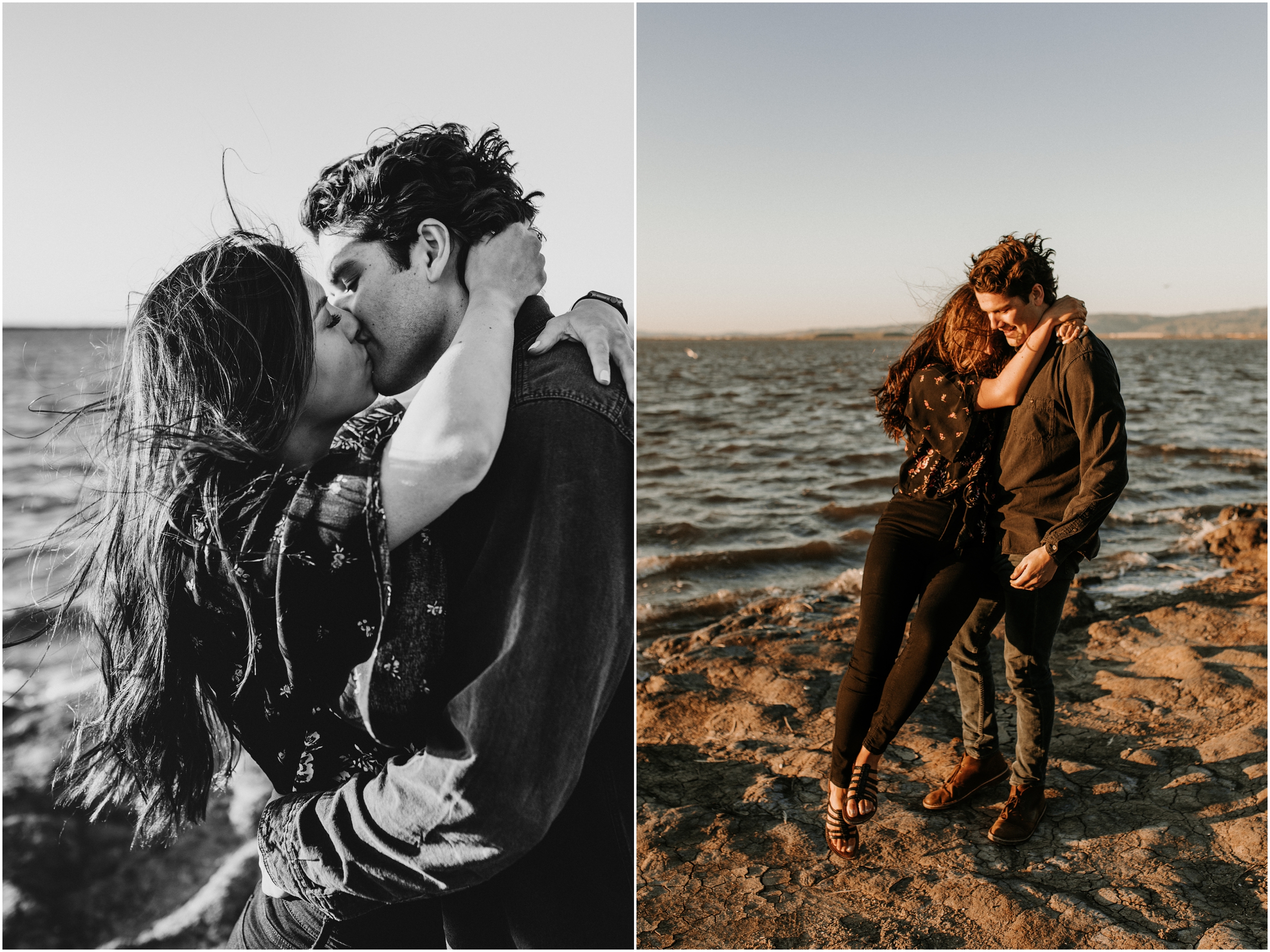 couple laughing and kissing at sunset on windy beach in bay area california