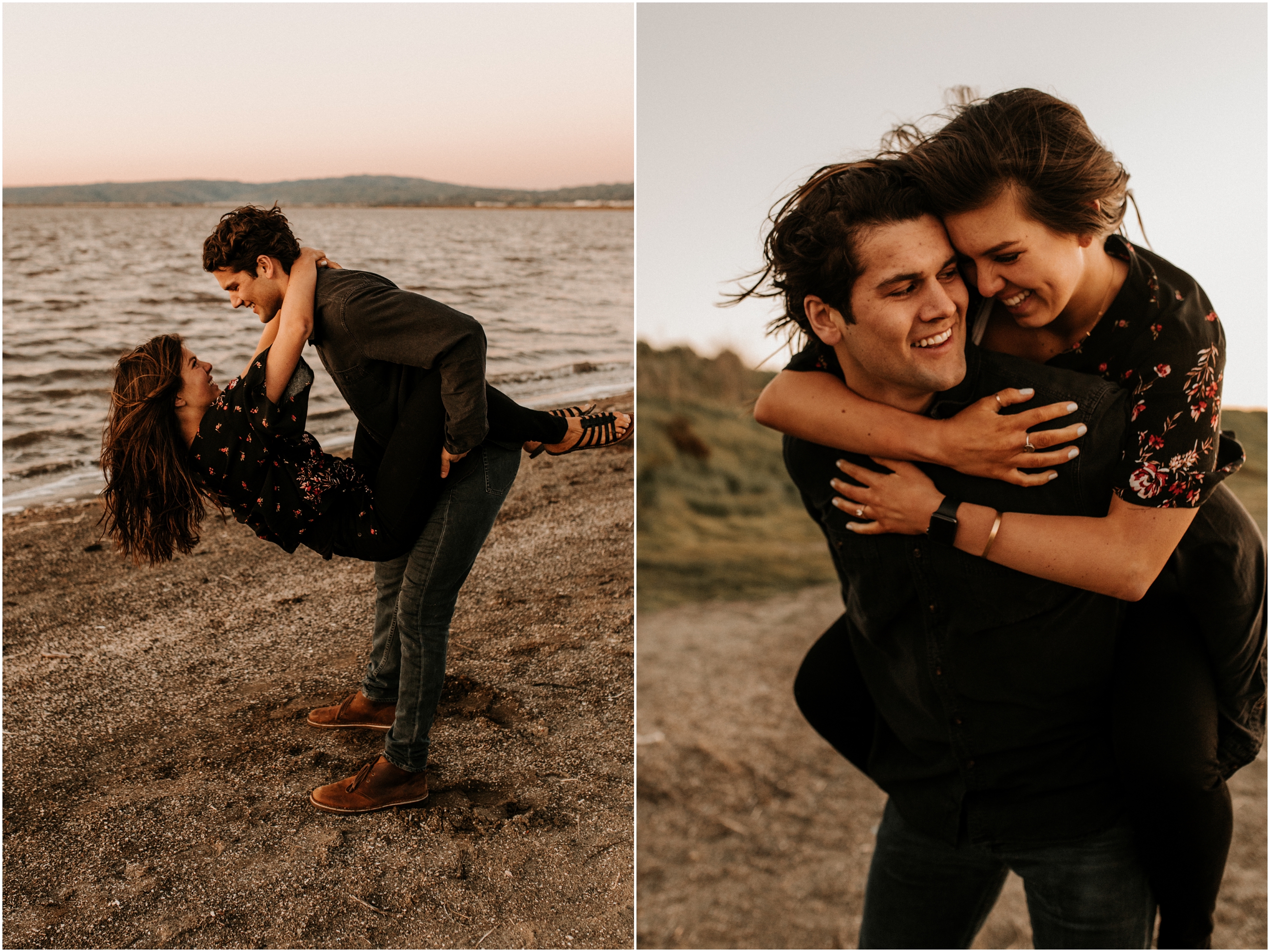couple piggy back ride at sunset on windy beach in bay area california