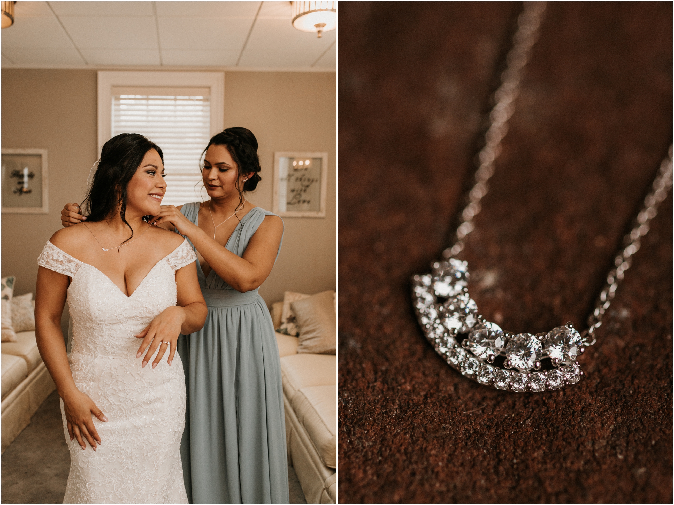 bridesmaid putting necklace on bride
