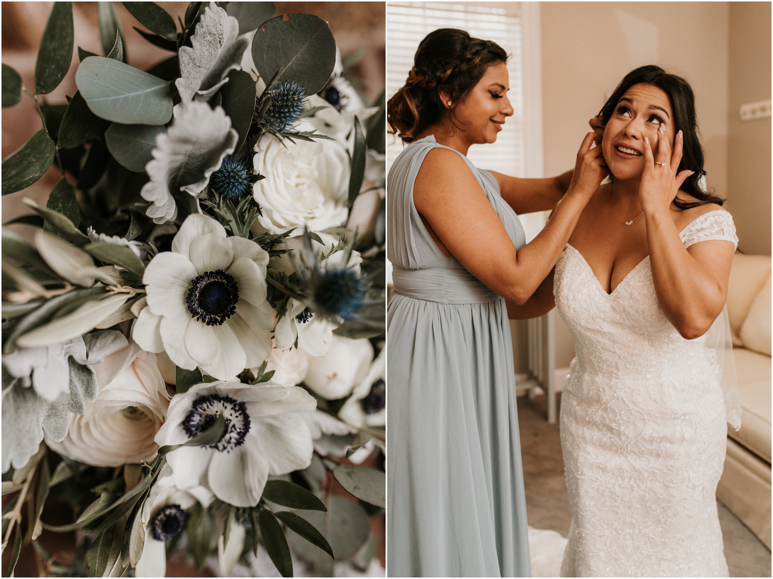 bridesmaid putting on bride's earring