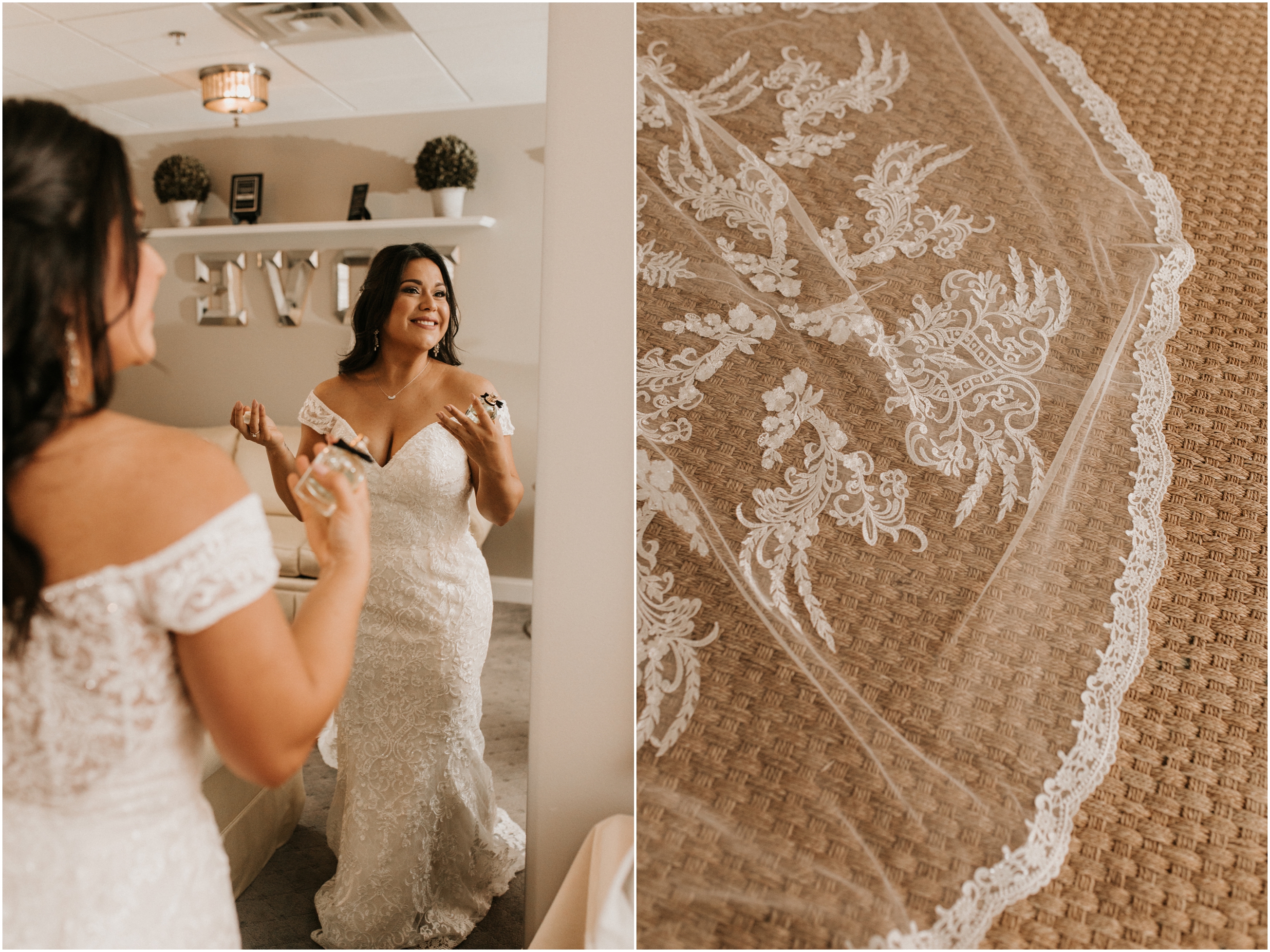 bride putting perfume on in mirror