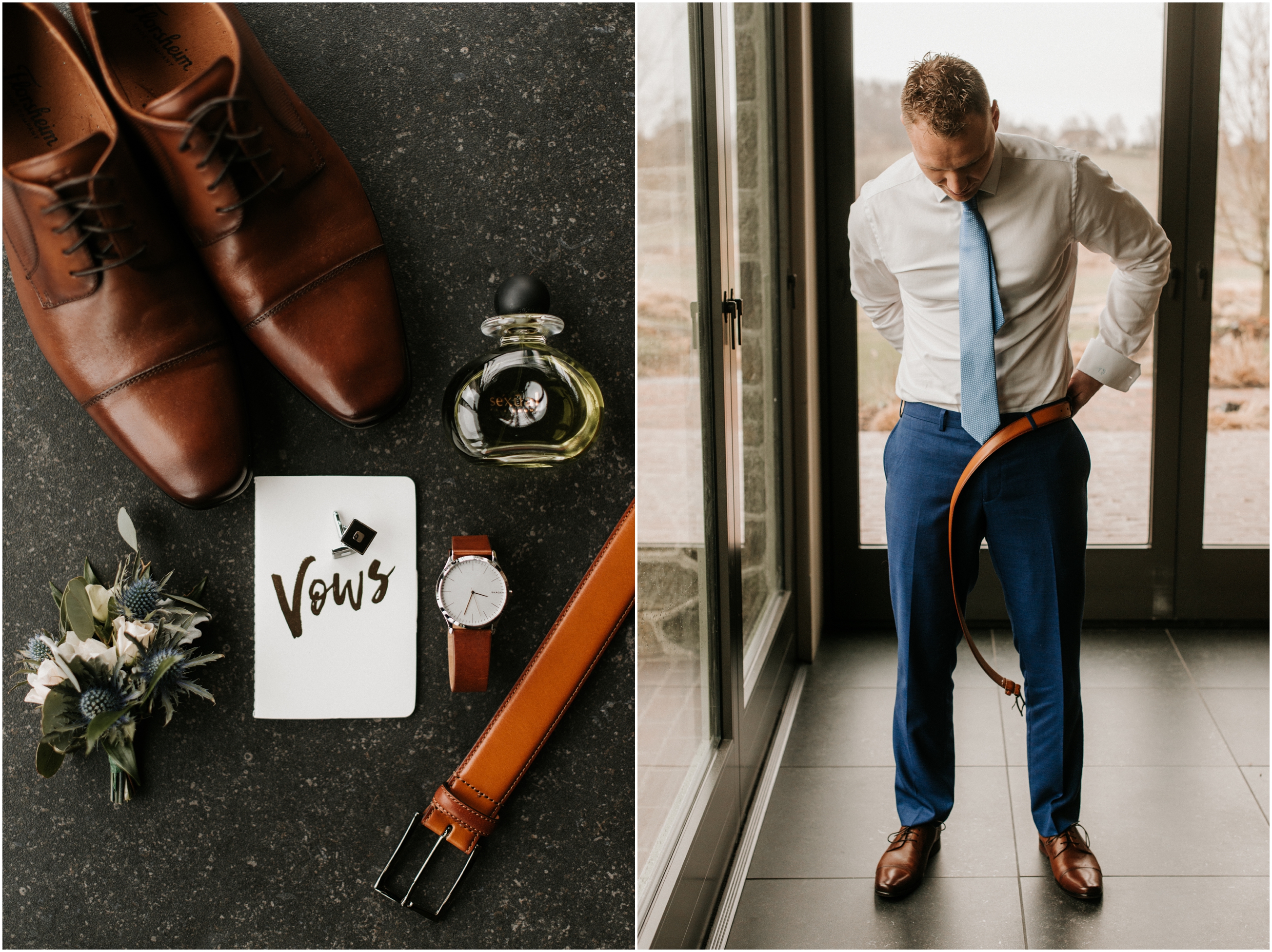 groom putting belt on, groom details on floor