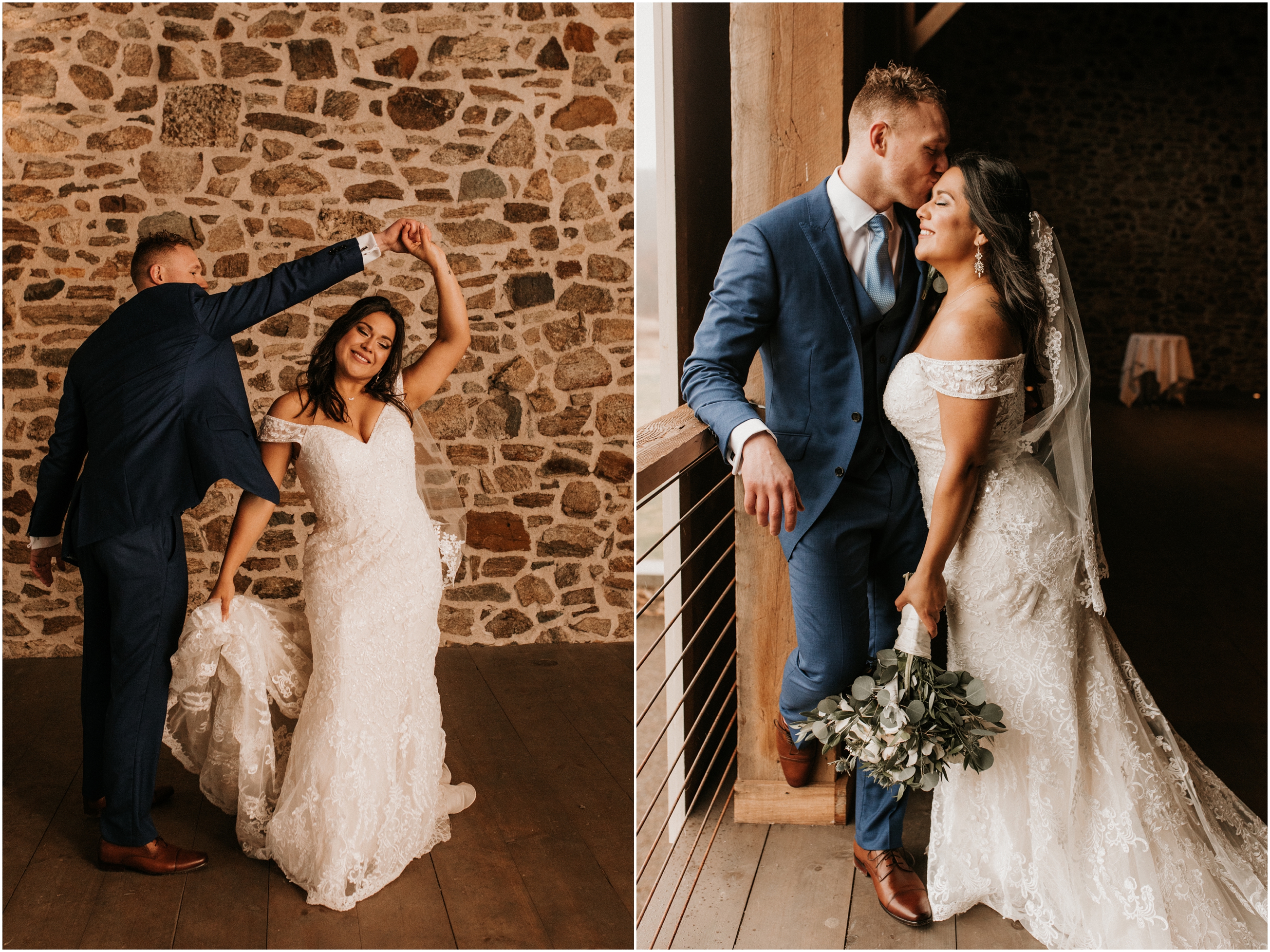 bride and groom slow dancing in barn