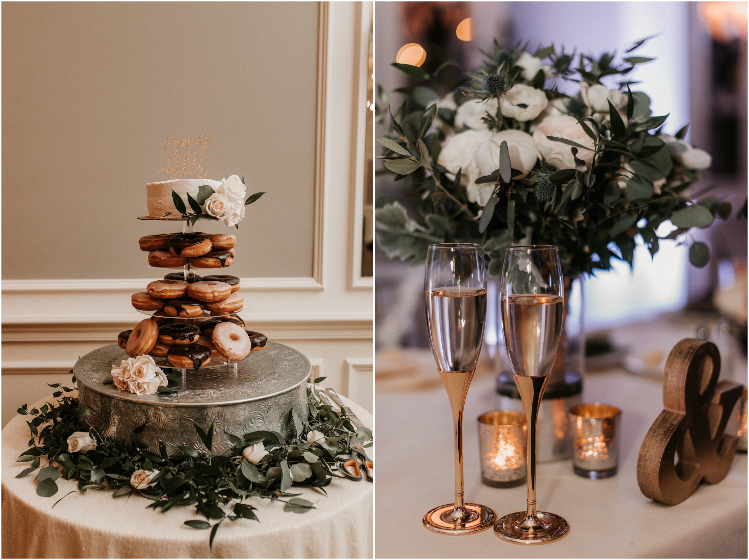 wedding reception table details, wedding donut cake