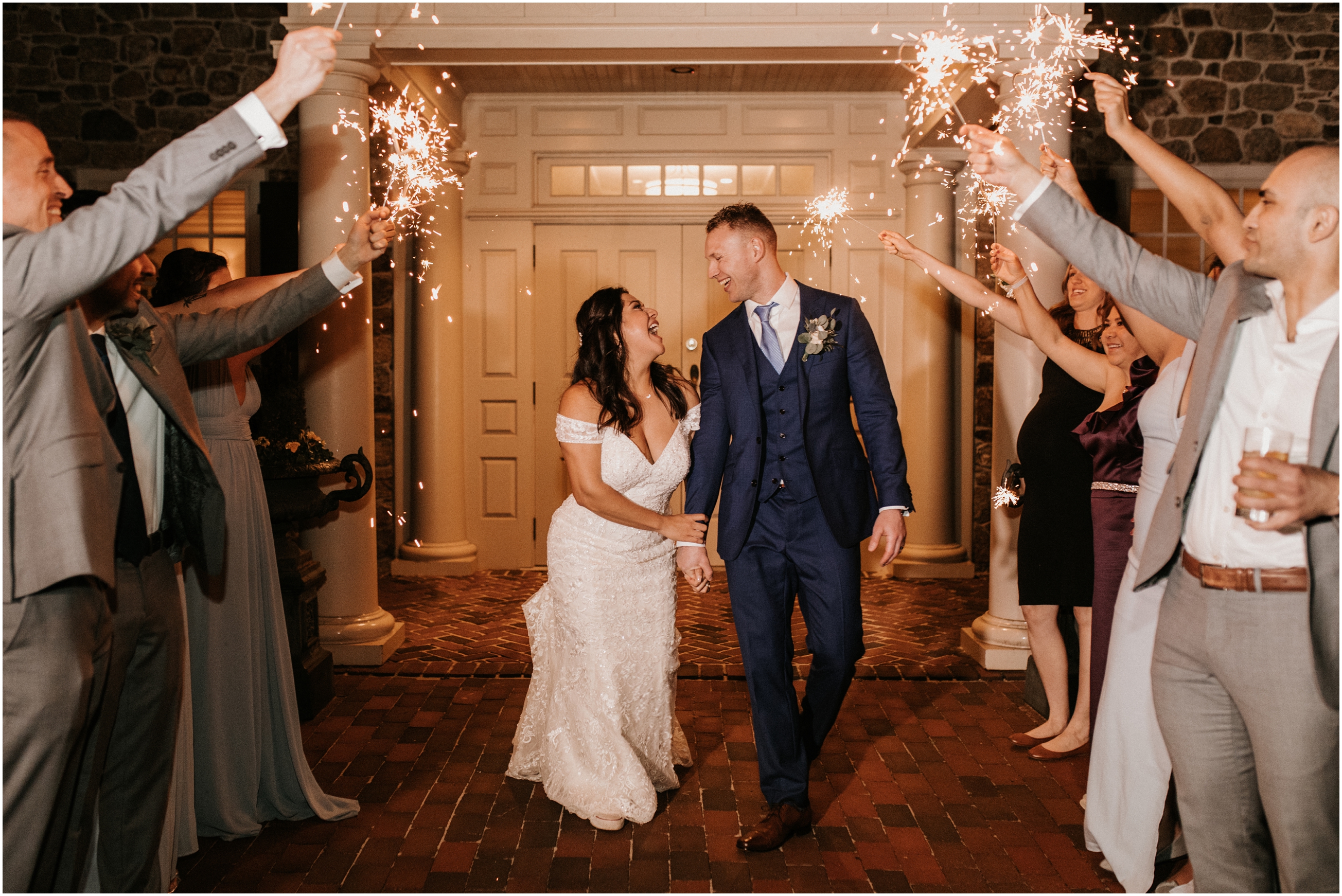 bride and groom sparkler exit with bridal party