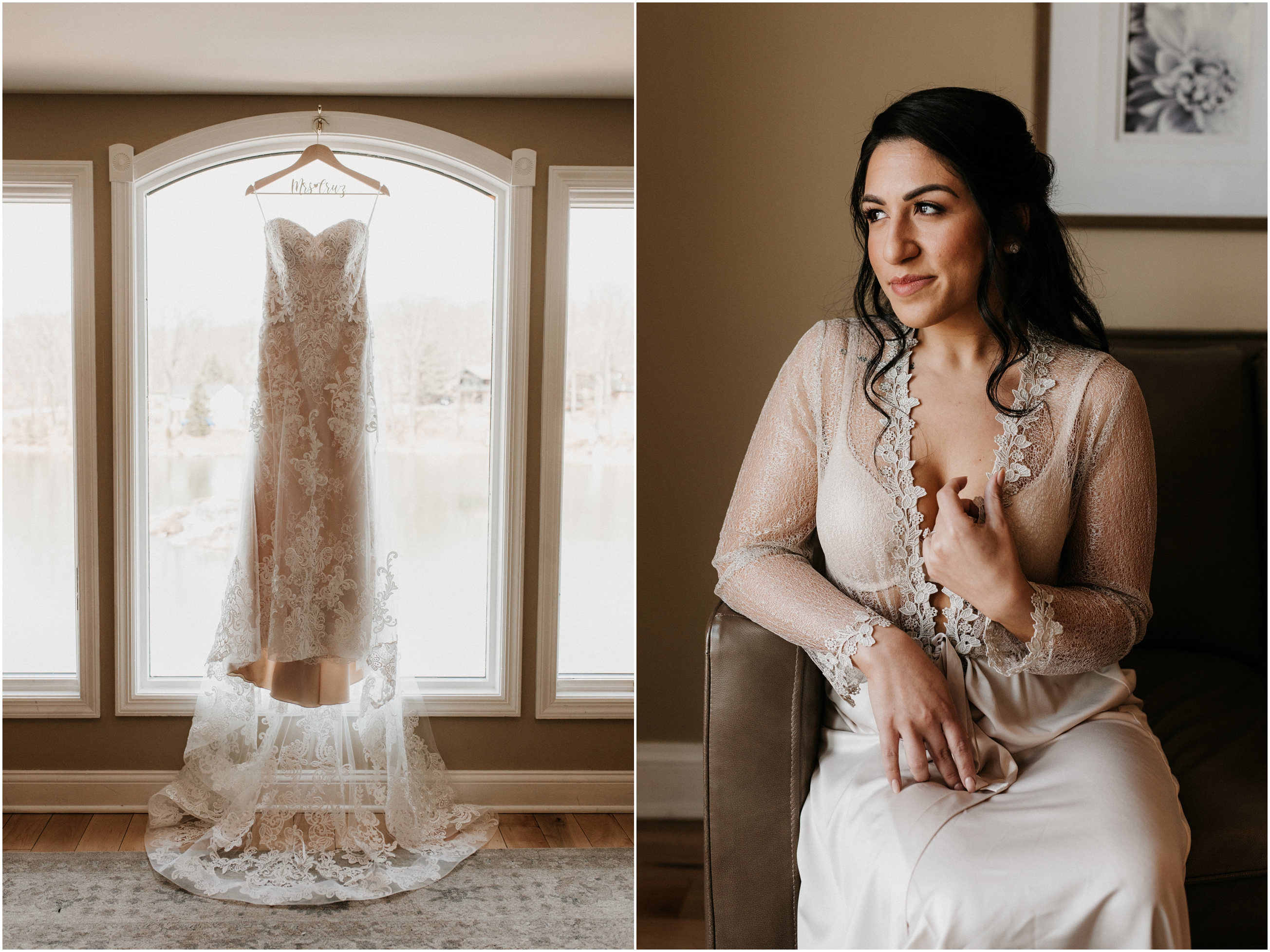 wedding dress hung in window, bride in robe