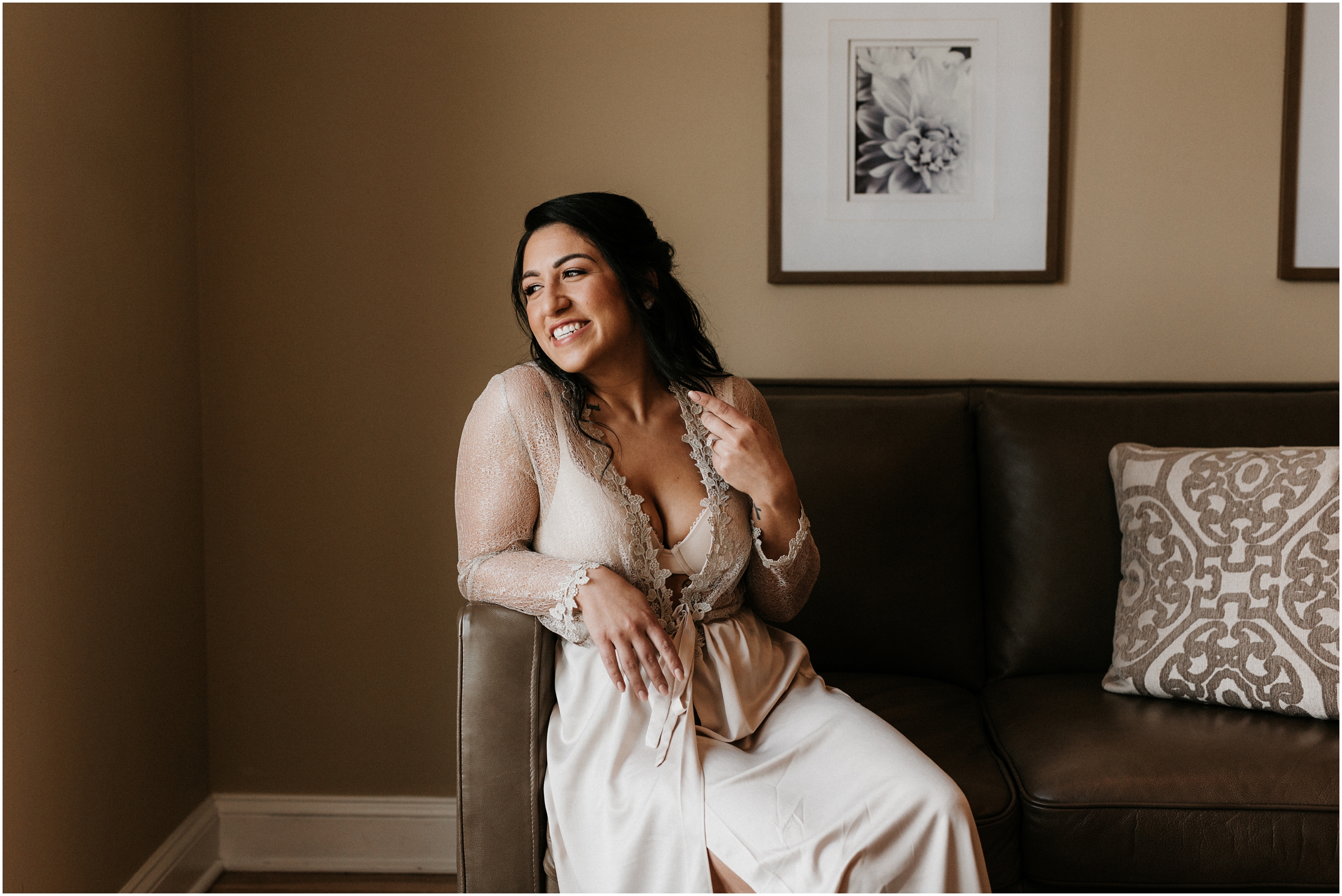 bride laughing in robe