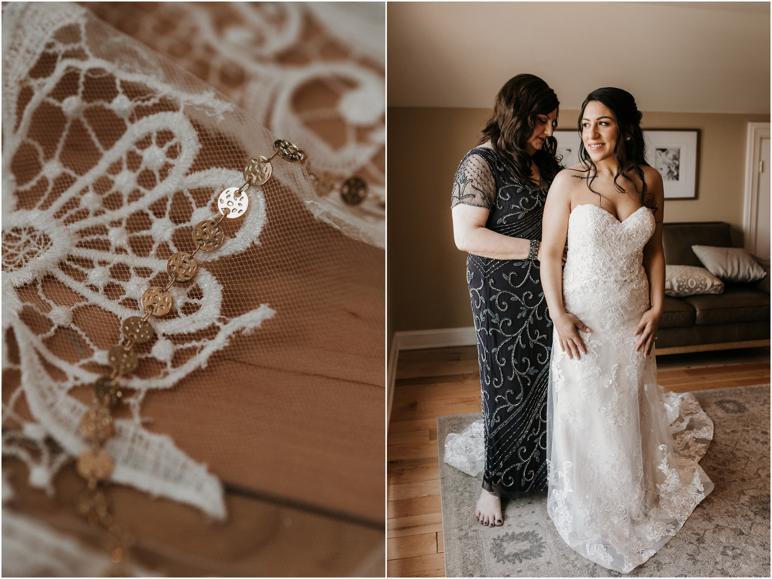 bride's mother zipping wedding gown up