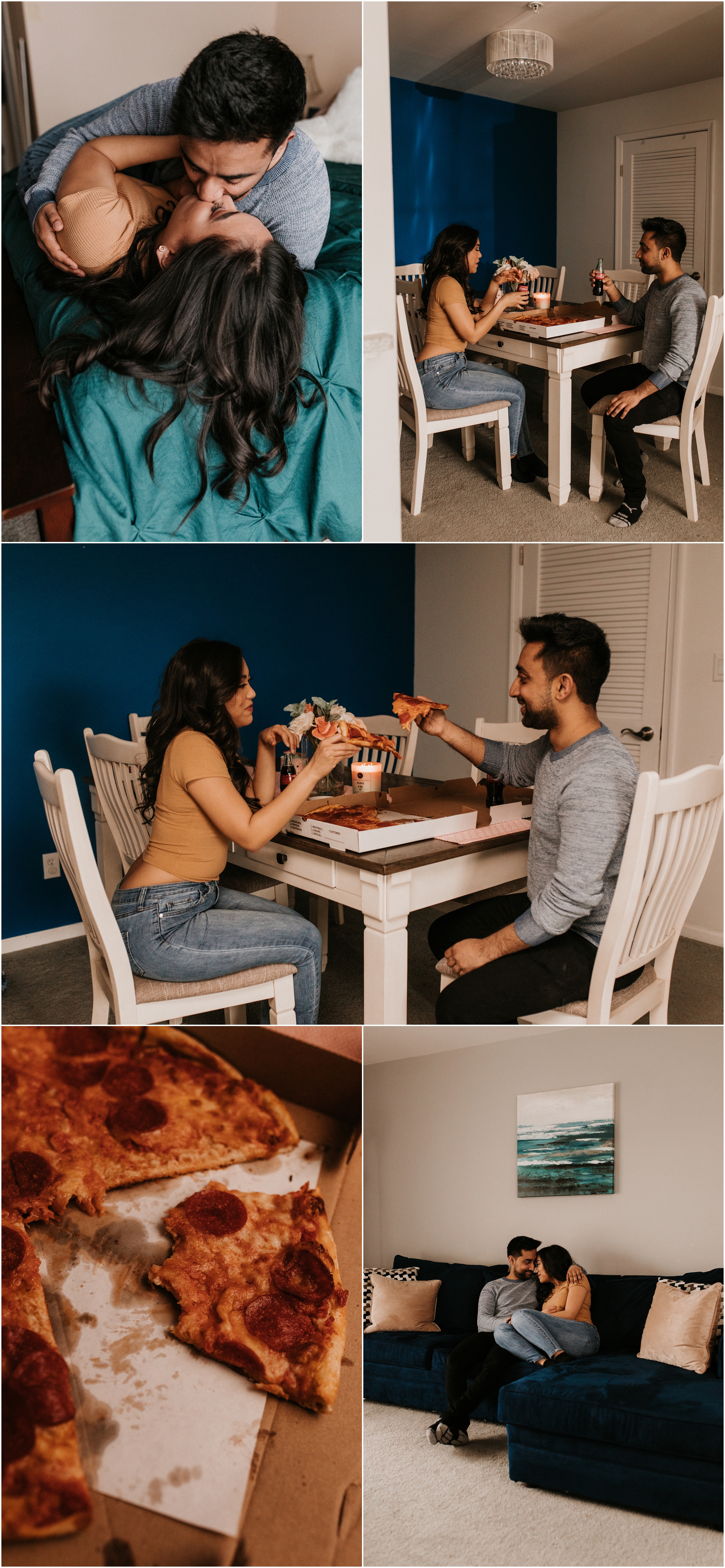 in home pizza coca cola couple at table