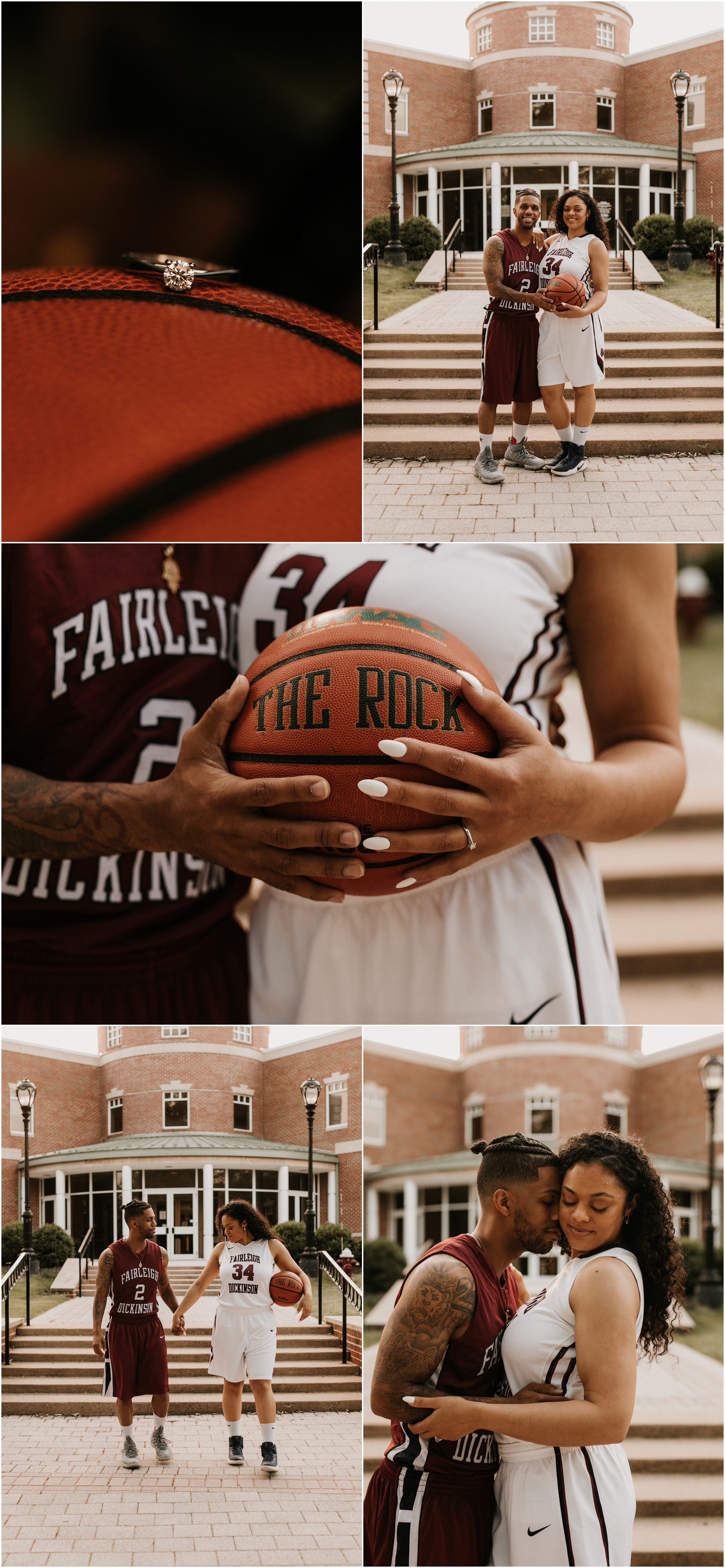 couple wearing FDU basketball uniform and holding basketball