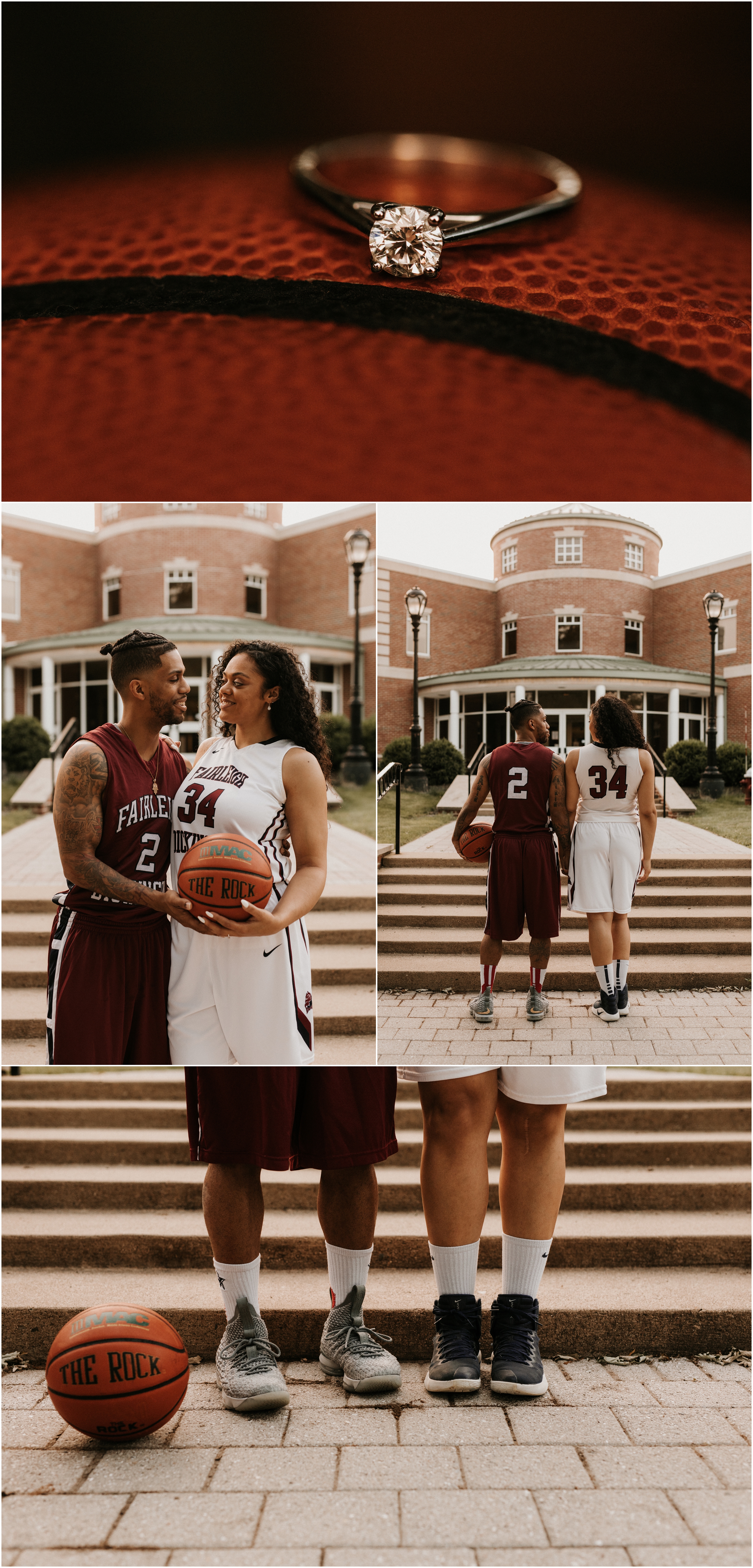 couple in love wearing FDU basketball uniform and holding basketball