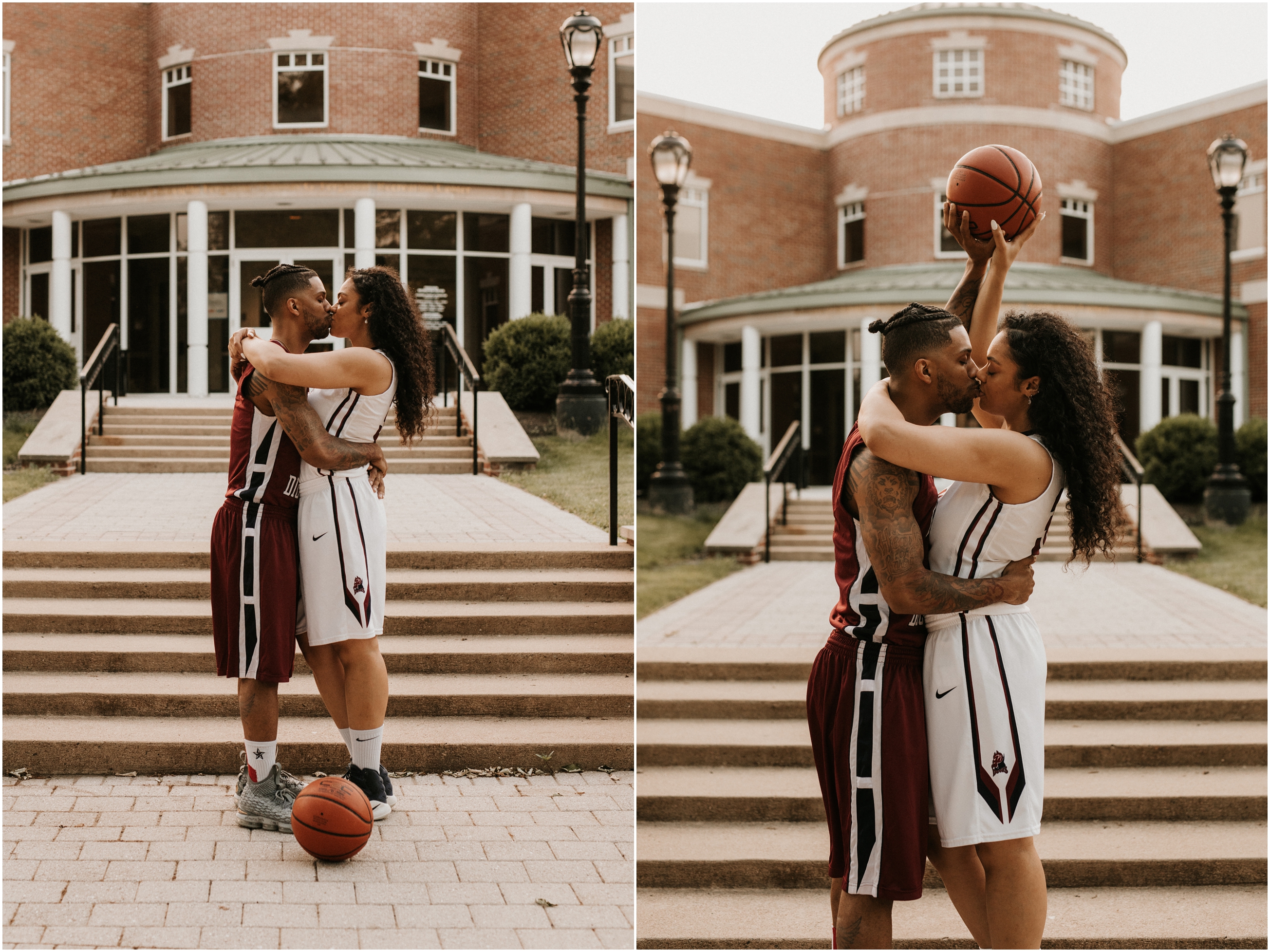 couple in love wearing FDU basketball uniform and holding basketball