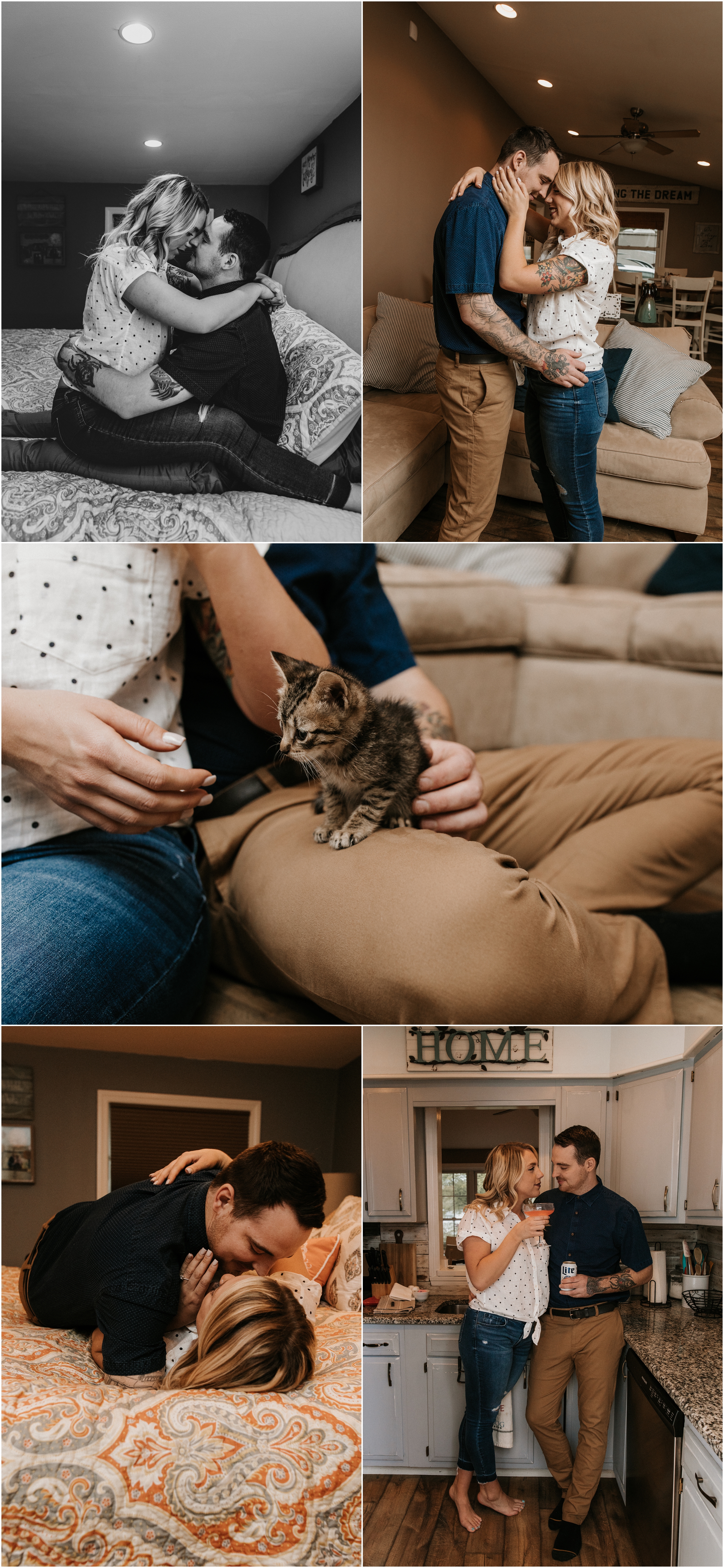 in home engagement session couple kitten