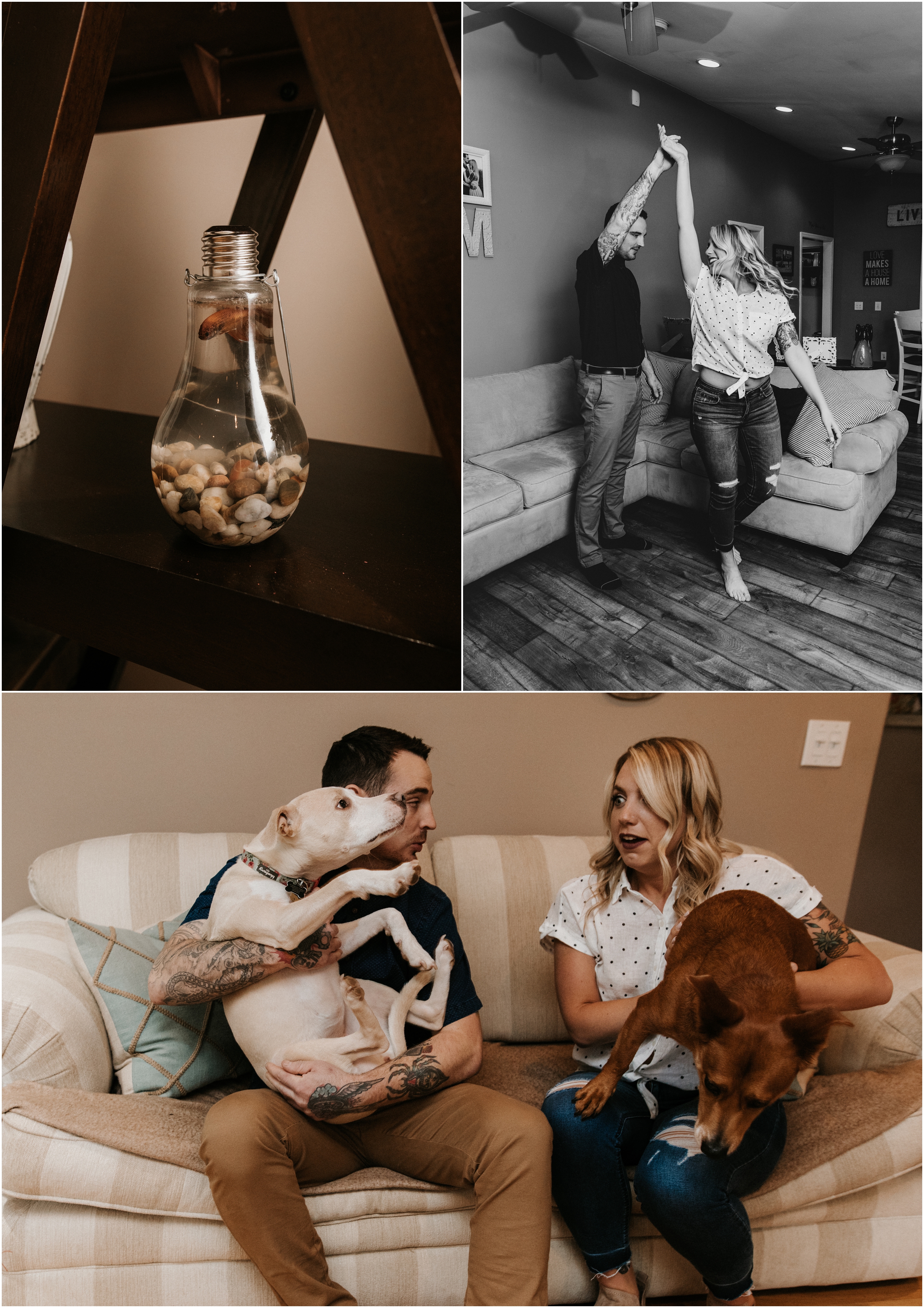 in home engagement session couple dogs