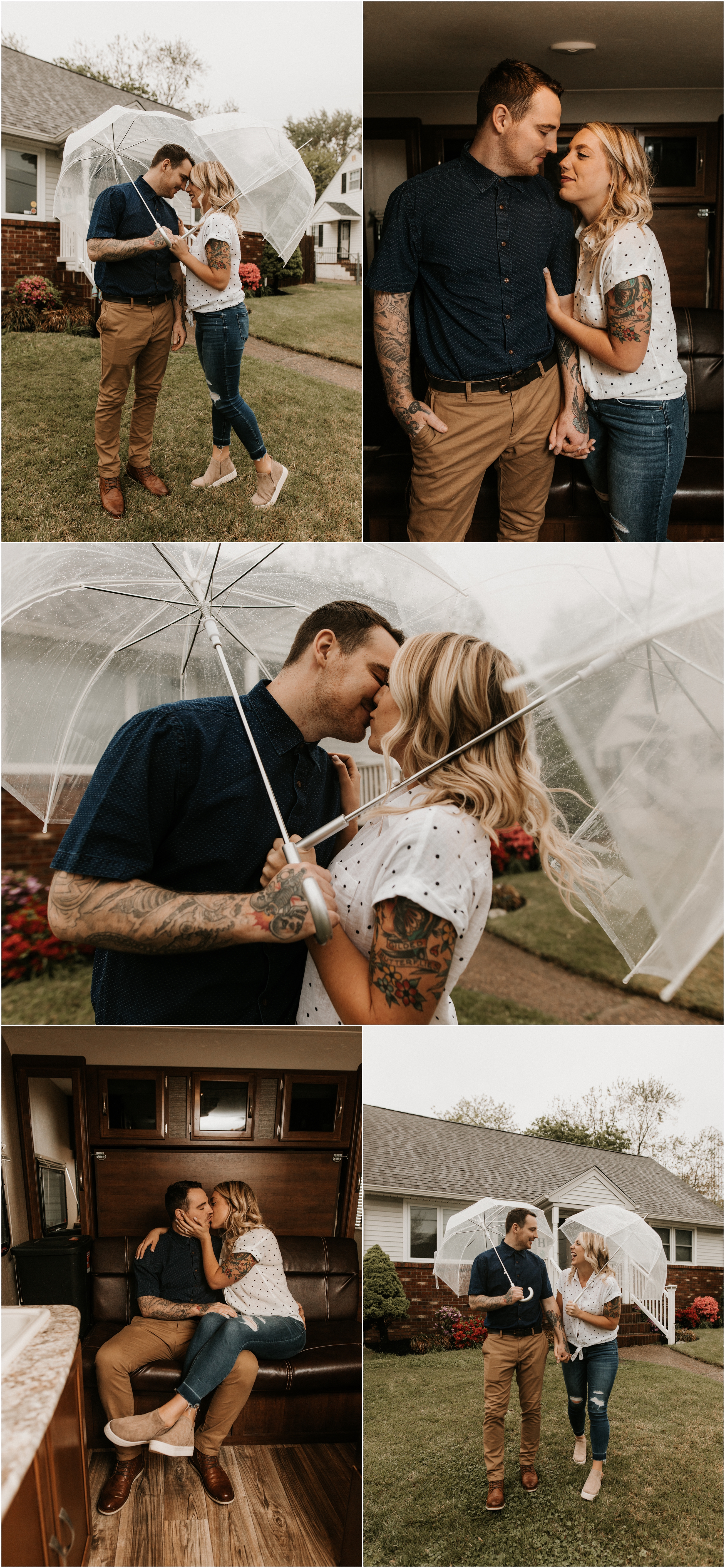 rainy couple engagement session in front of home