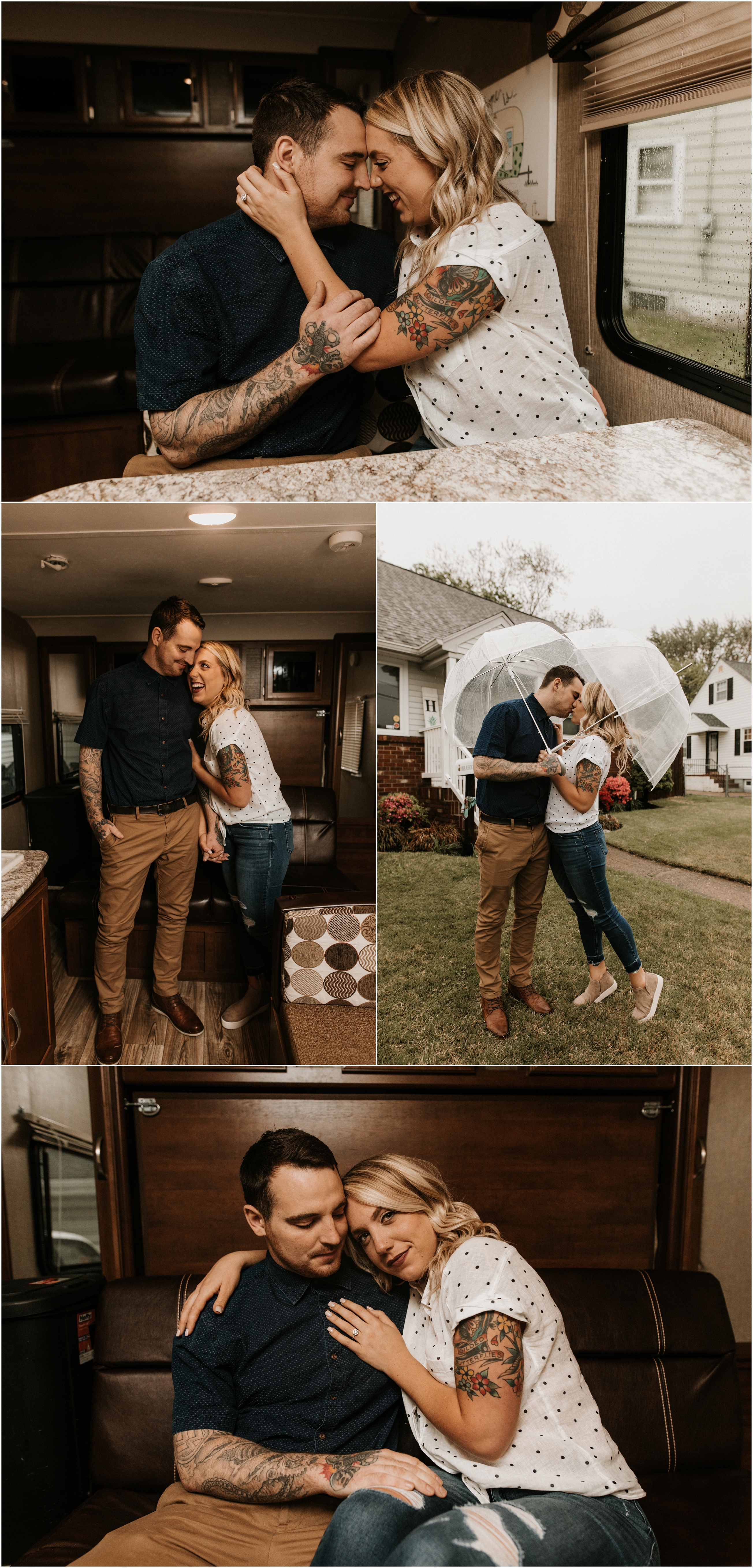rainy couple engagement session in front of home and in camper RV