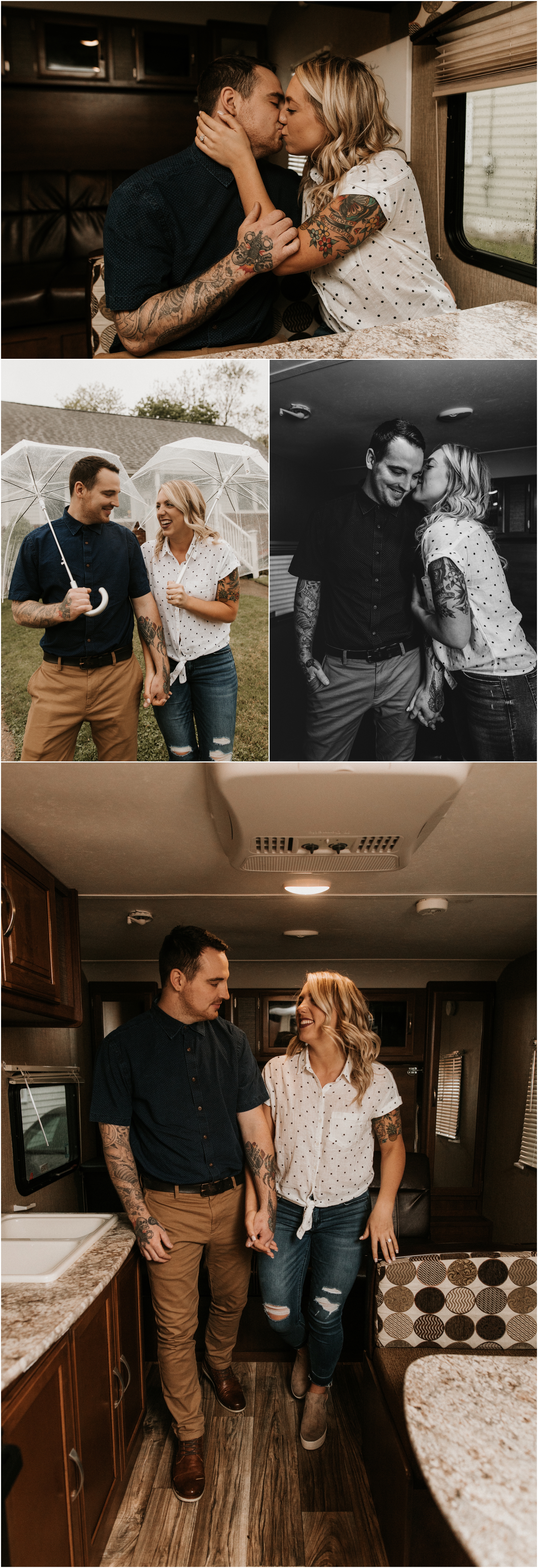 rainy couple engagement session in front of home and in camper RV