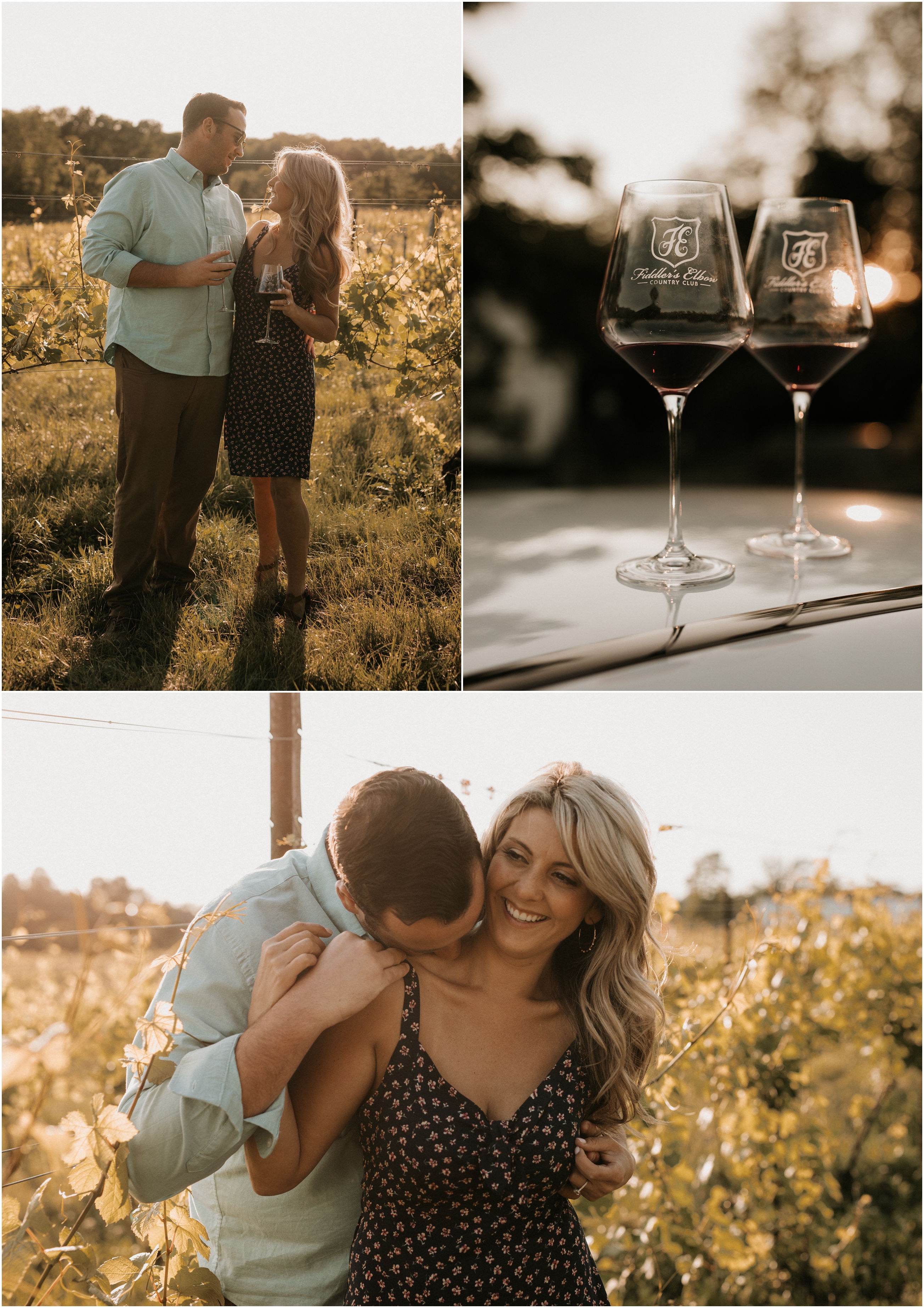 Couple laughing, kissing, and drinking wine in Mount Salem Vineyards in Pittstown, NJ for their engagement session