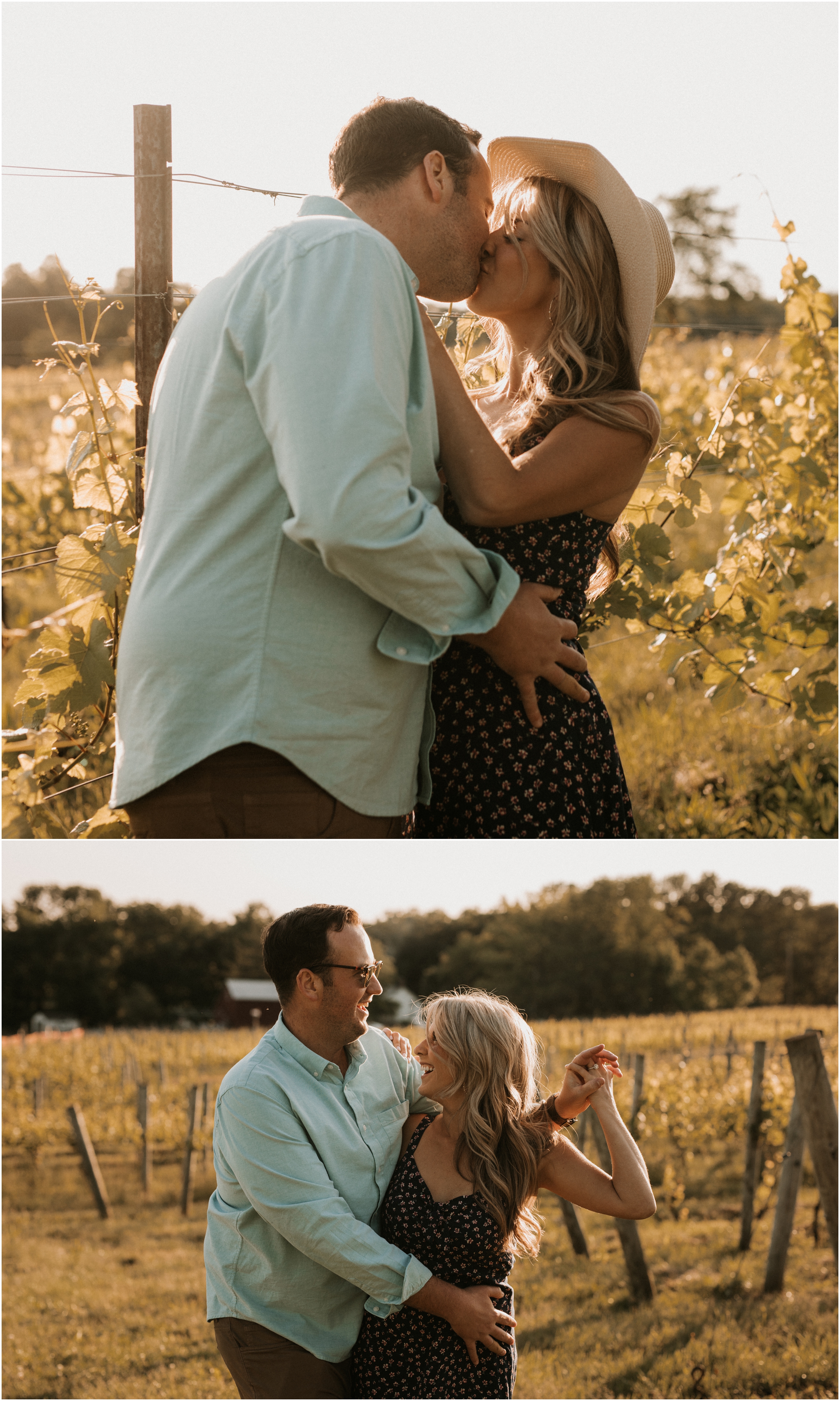 Couple laughing and kissing in Mount Salem Vineyards in Pittstown, NJ for their engagement session