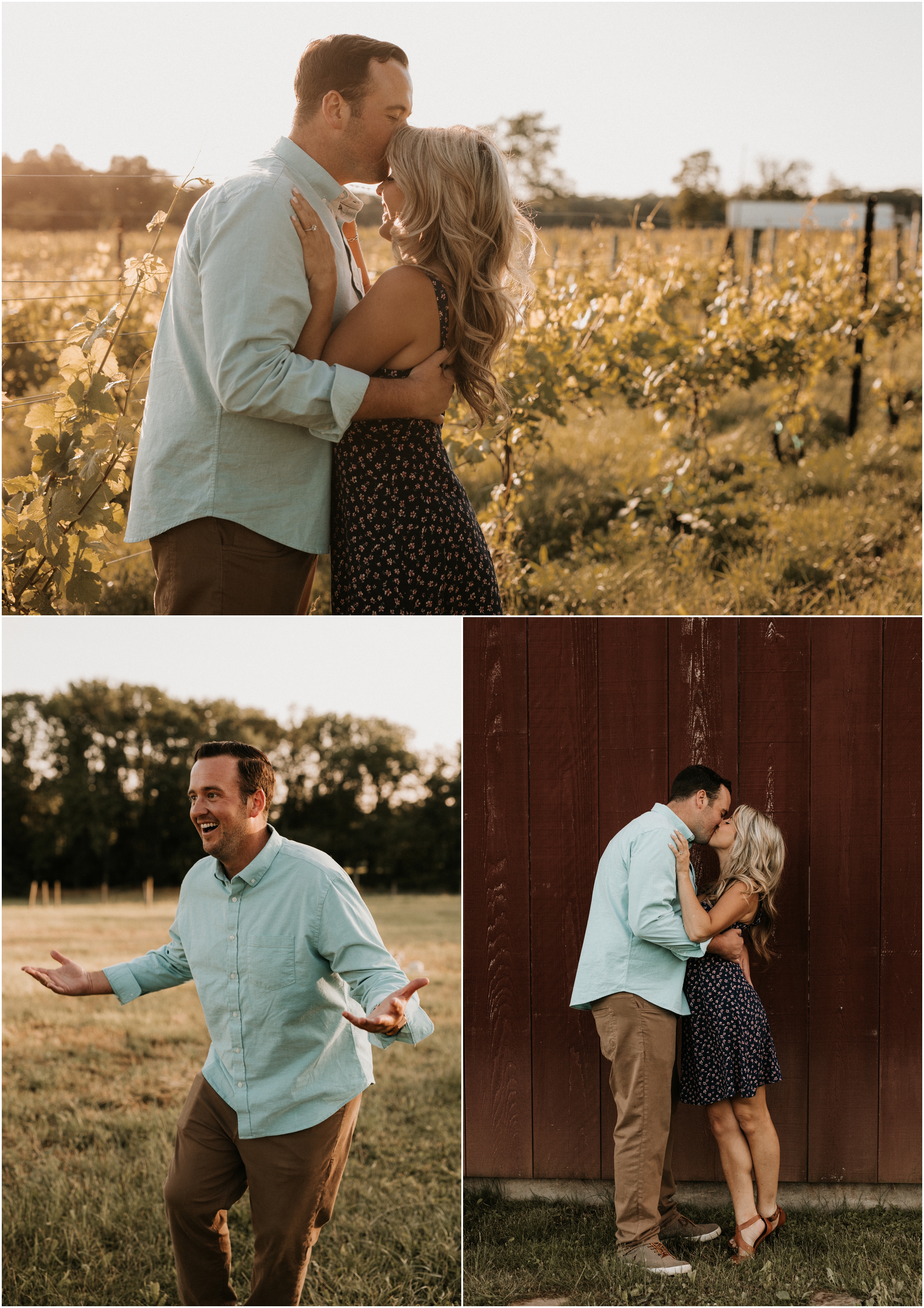 Couple laughing and kissing in Mount Salem Vineyards in Pittstown, NJ for their engagement session