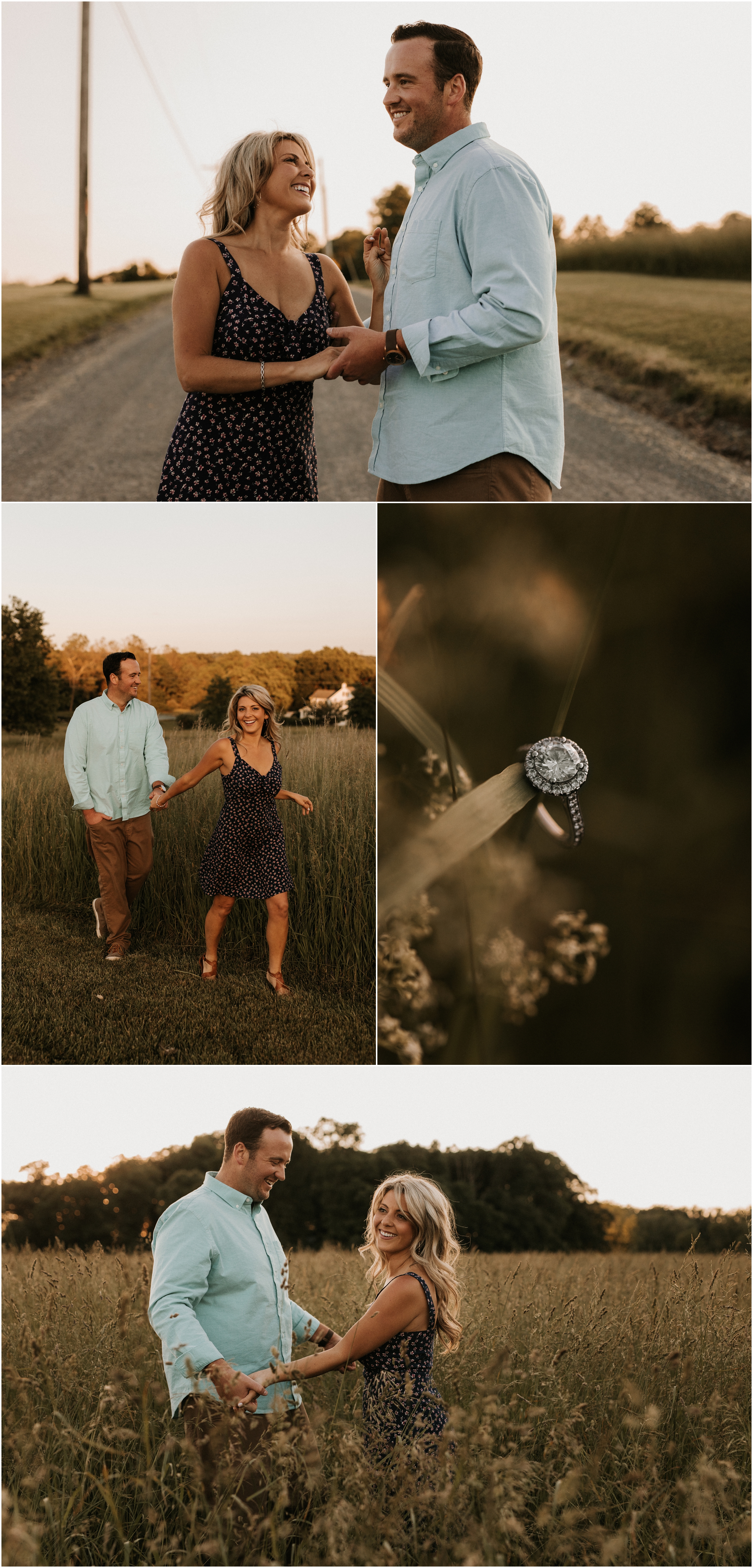 couple cuddling close in tall farmland grass field and diamond engagement ring