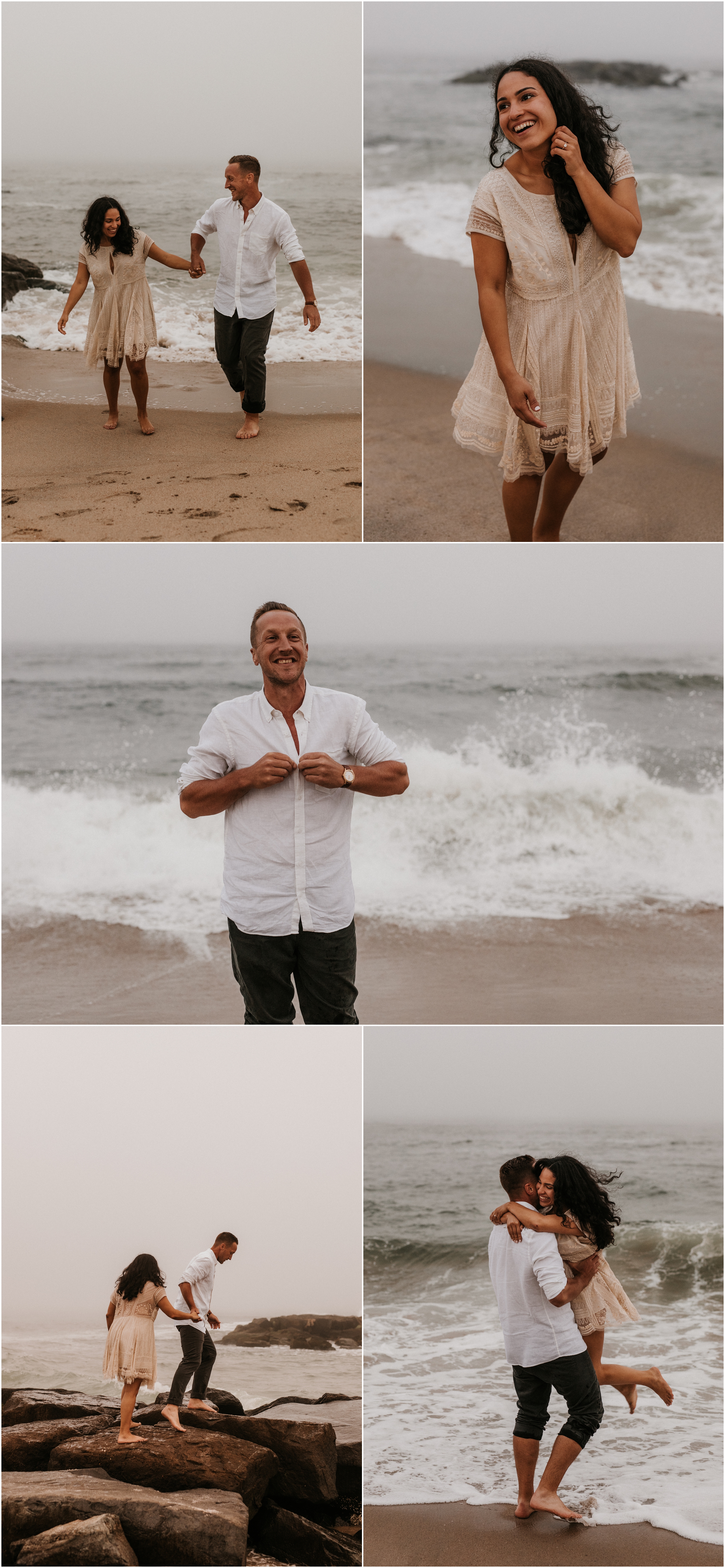 couple running and laughing on beach in asbury park new jersey