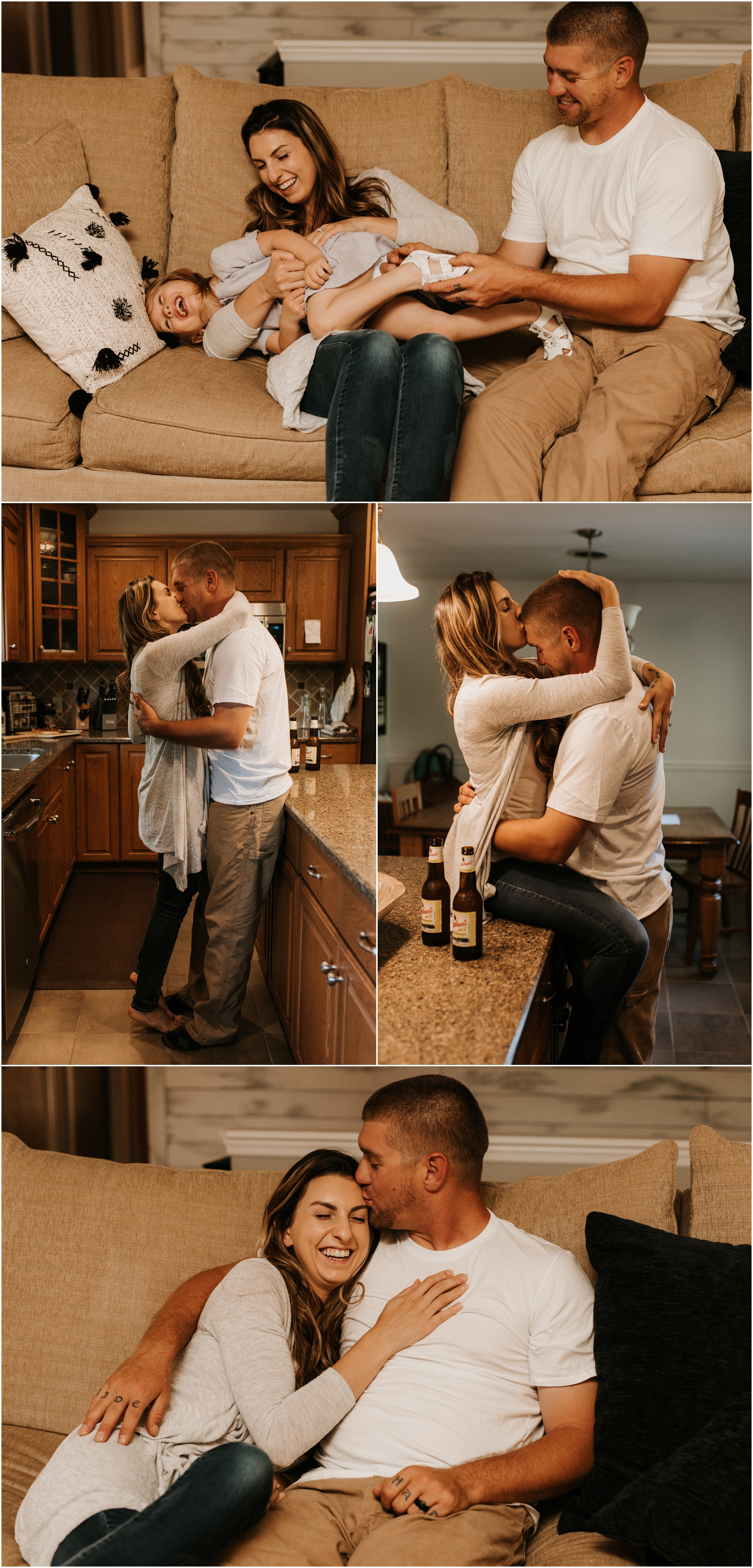 in home couple hugging in kitchen and drinking beers