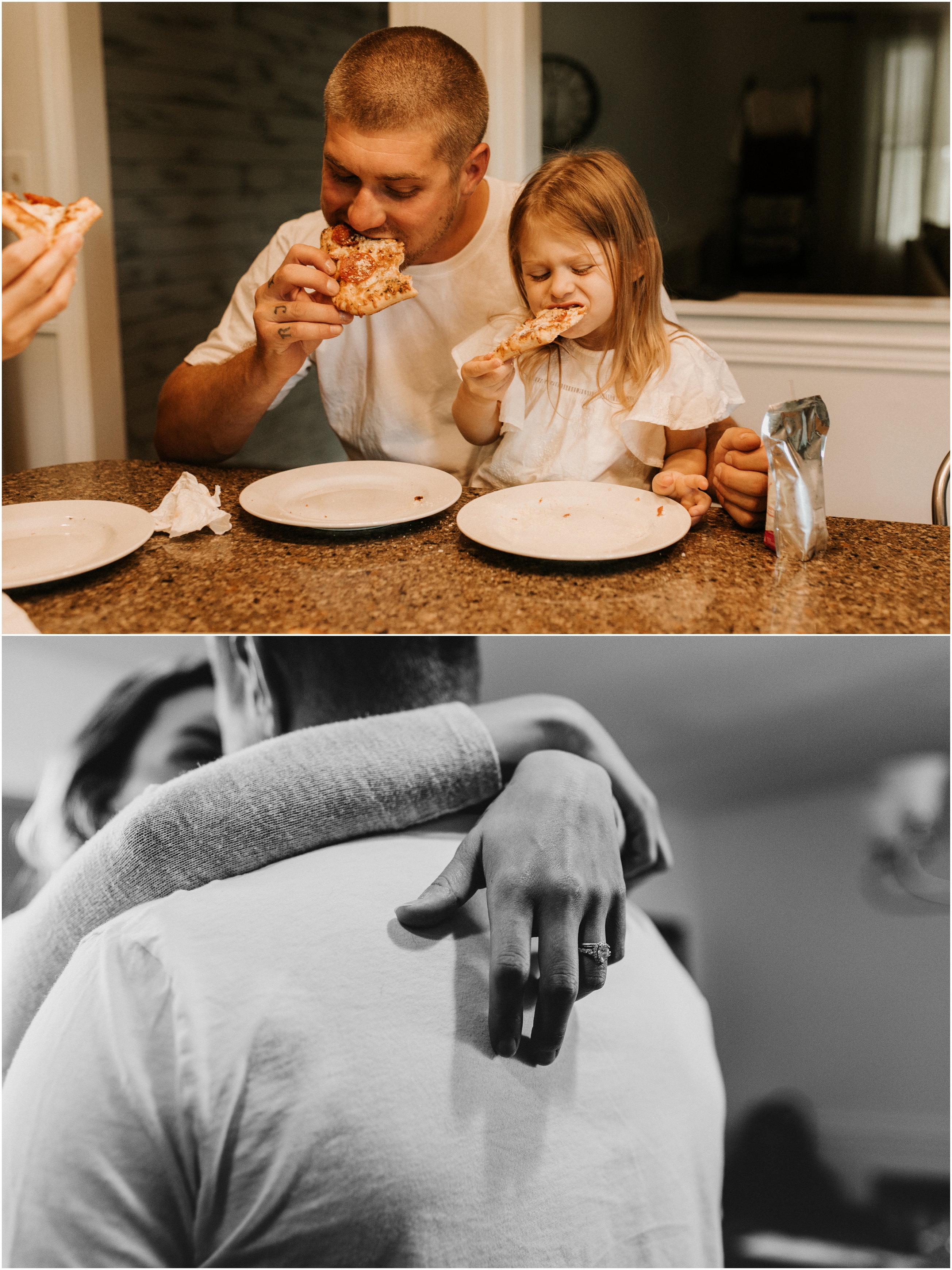 family with daughter eating pizza for dinner