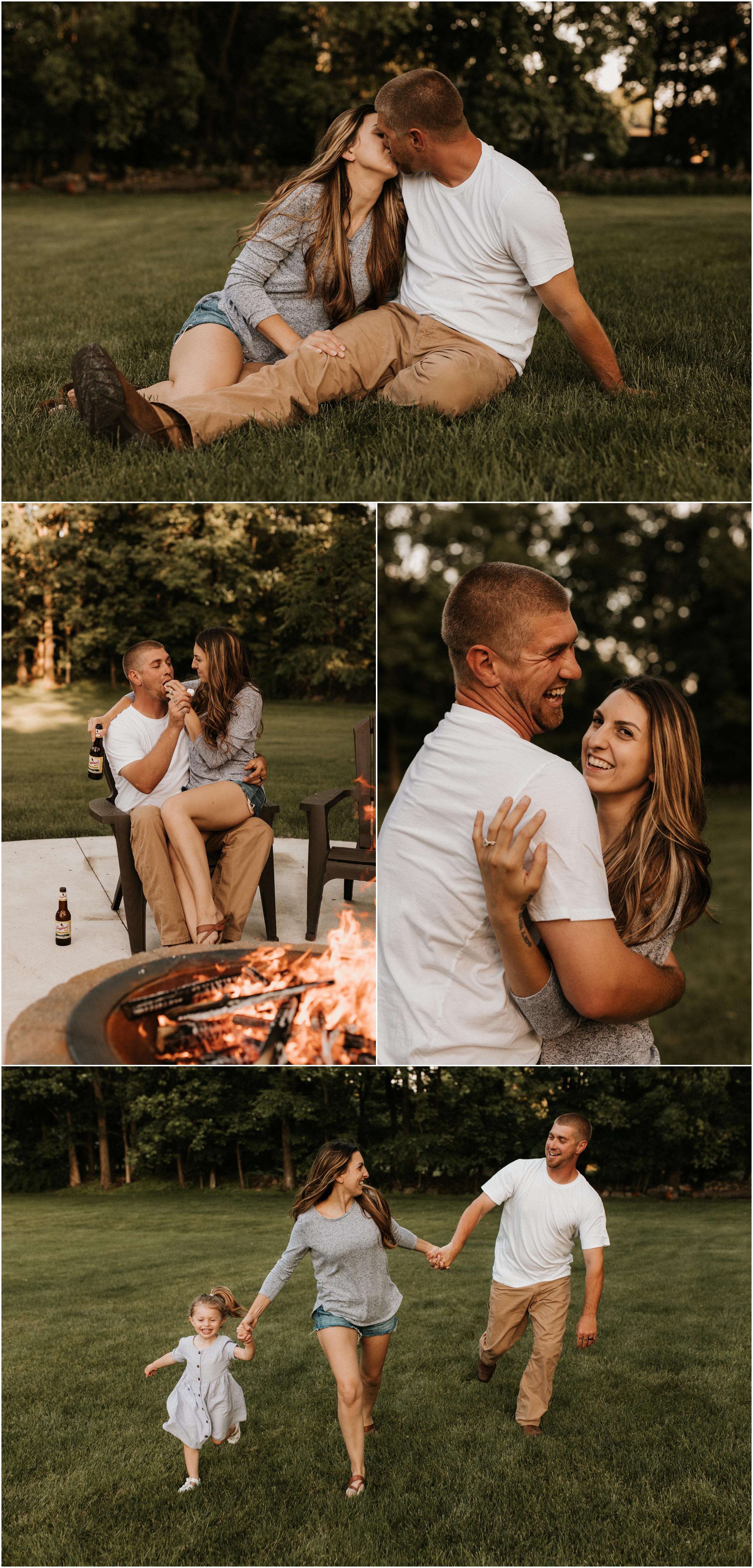 couple sitting by bonfire making smores and drinking beers