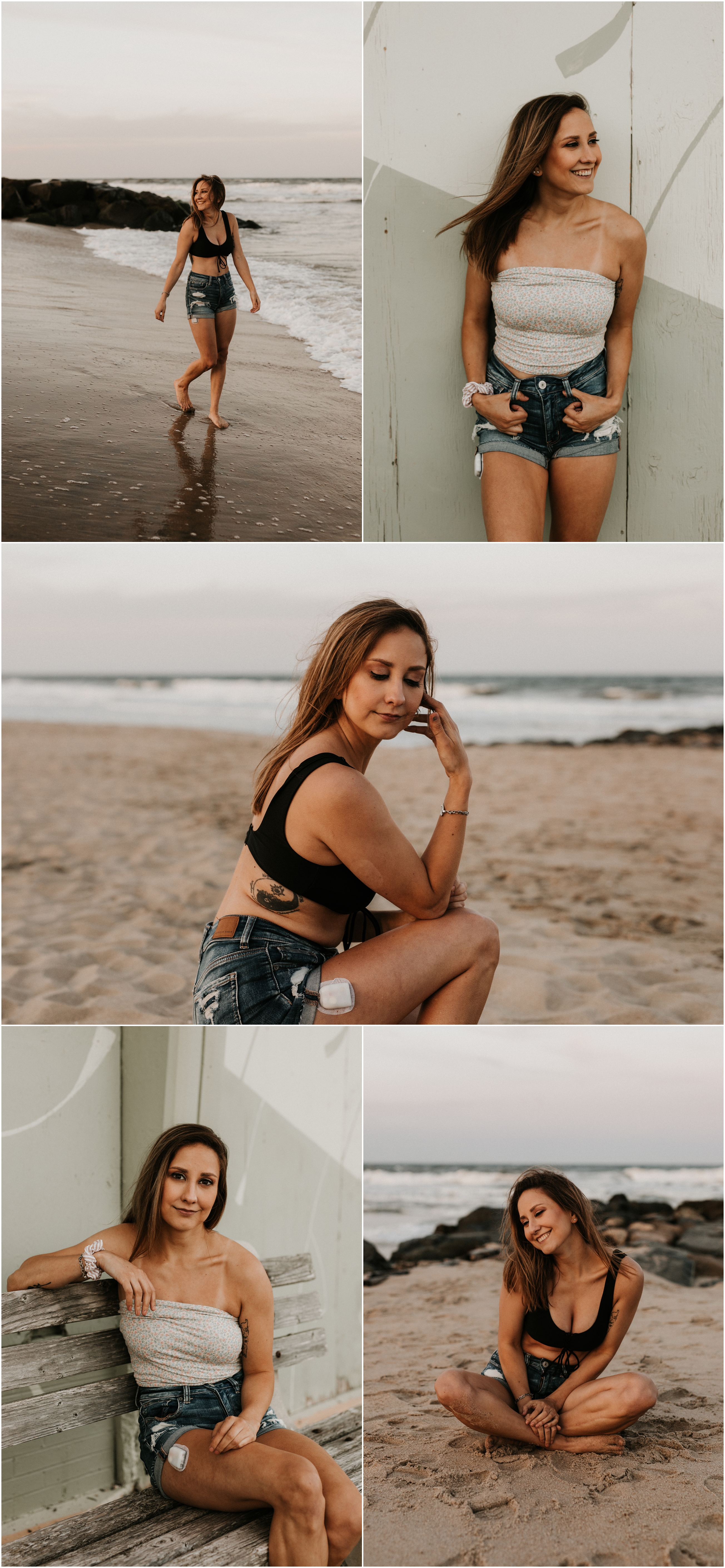 girl modeling in bikini on beach and showing diabetes insulin patch