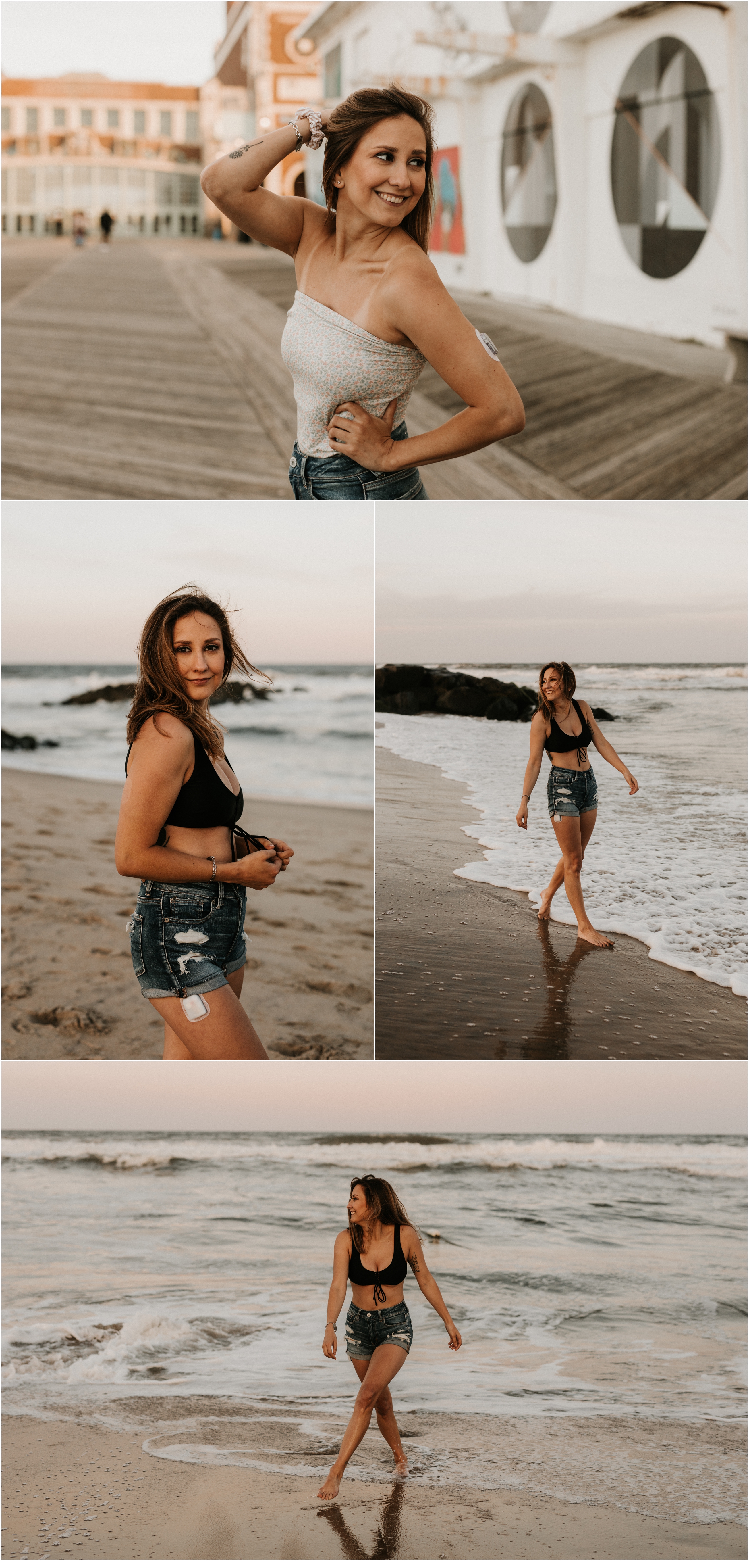 girl modeling in bikini on beach and showing diabetes insulin patch