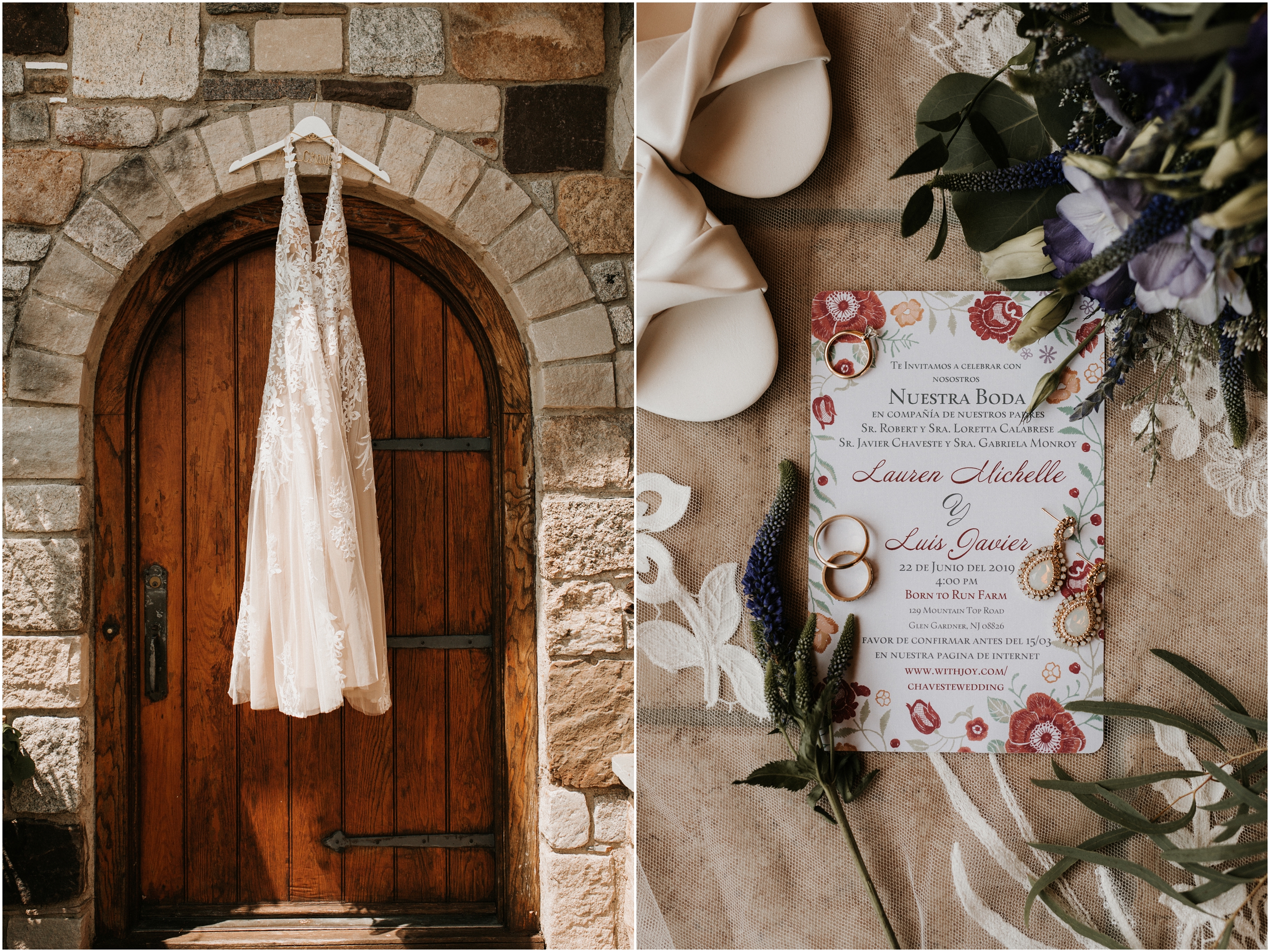 wedding dress hanging in doorway and flat lay of invitation
