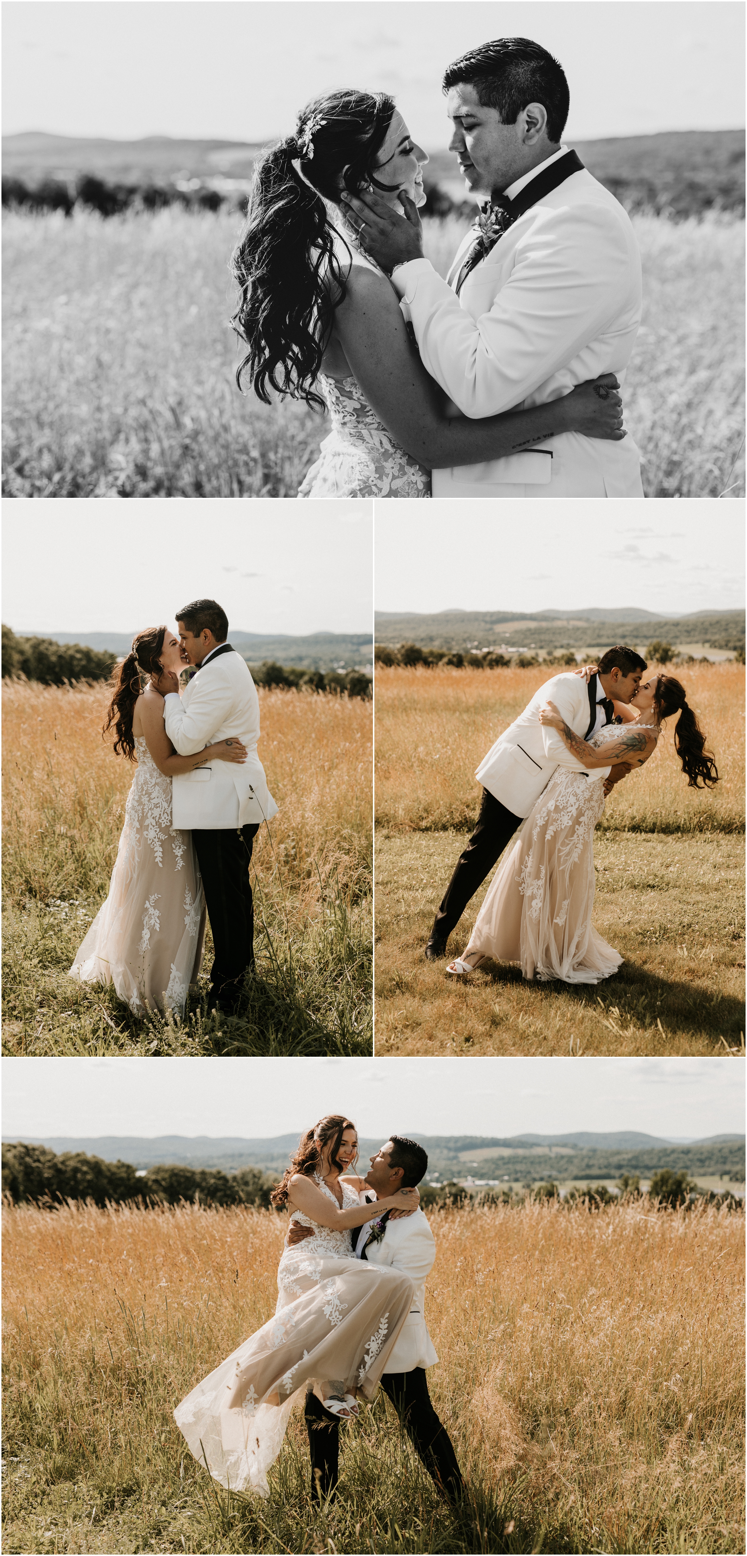 bride and groom in love in open golden farm field
