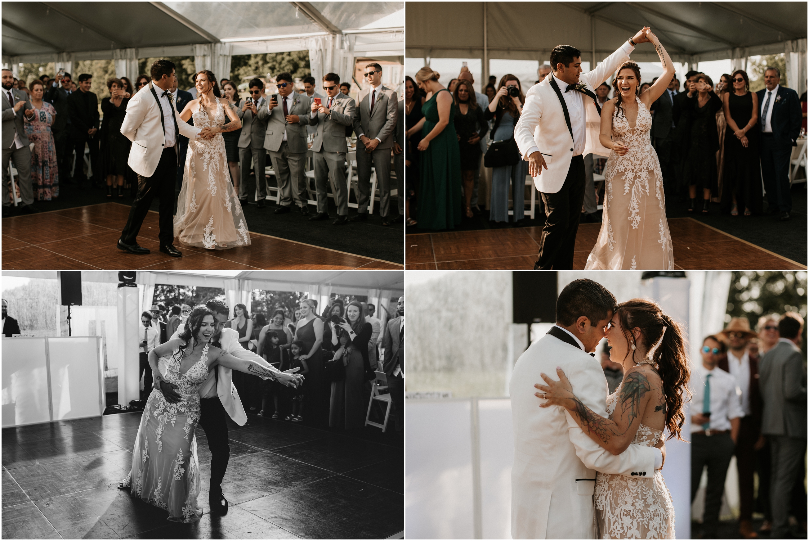 bride and groom share first dance under tented outdoor reception