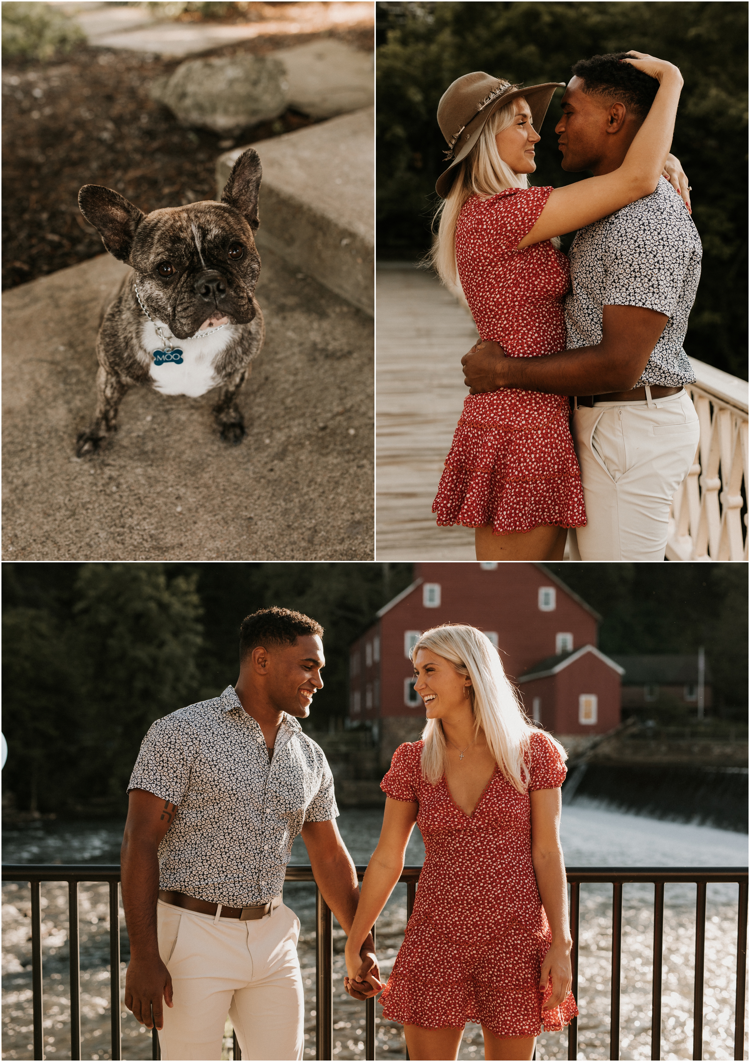 french bulldog, couple looking at each other on bridge with red mill in background