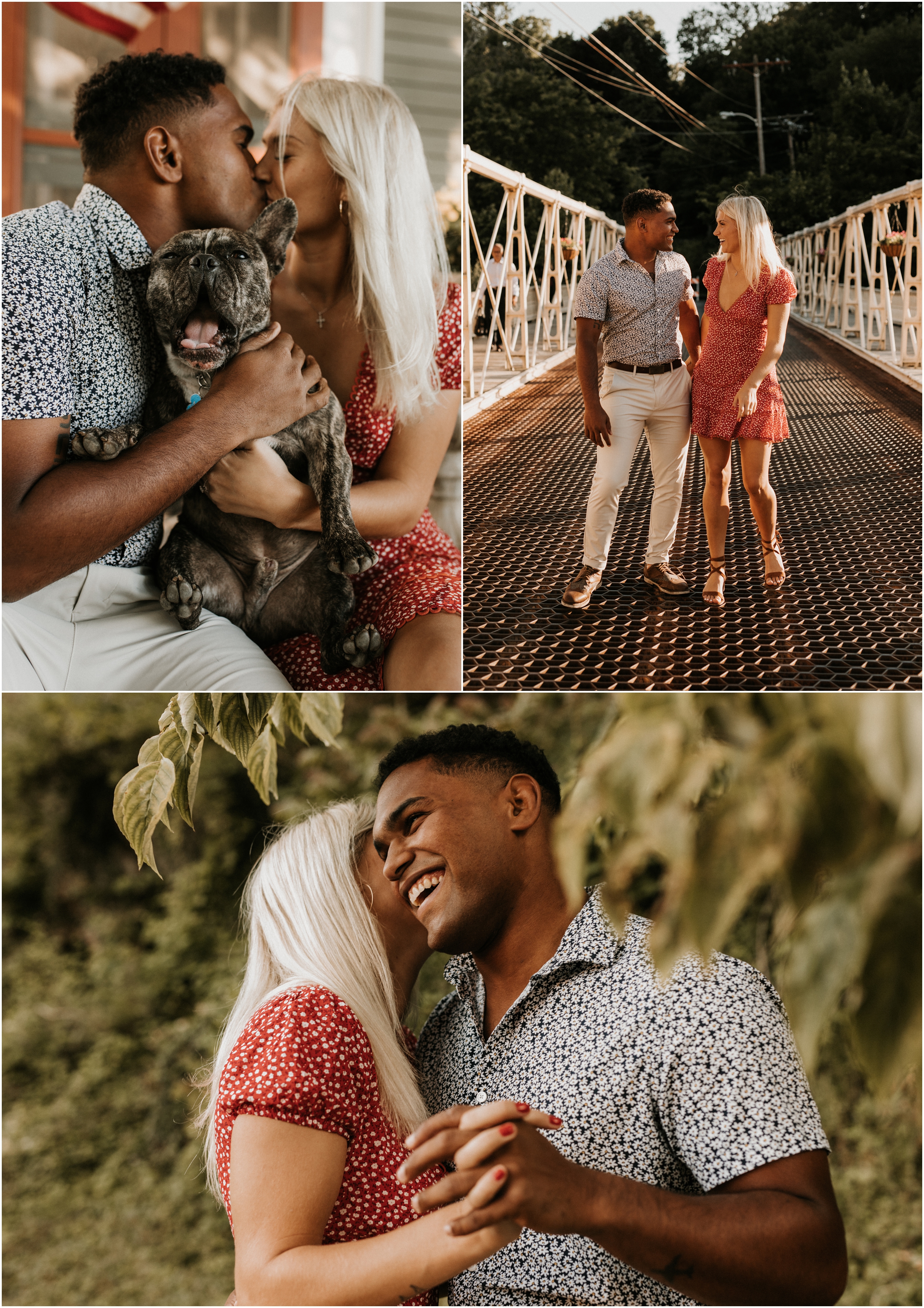 french bulldog on couples lap during engagement session