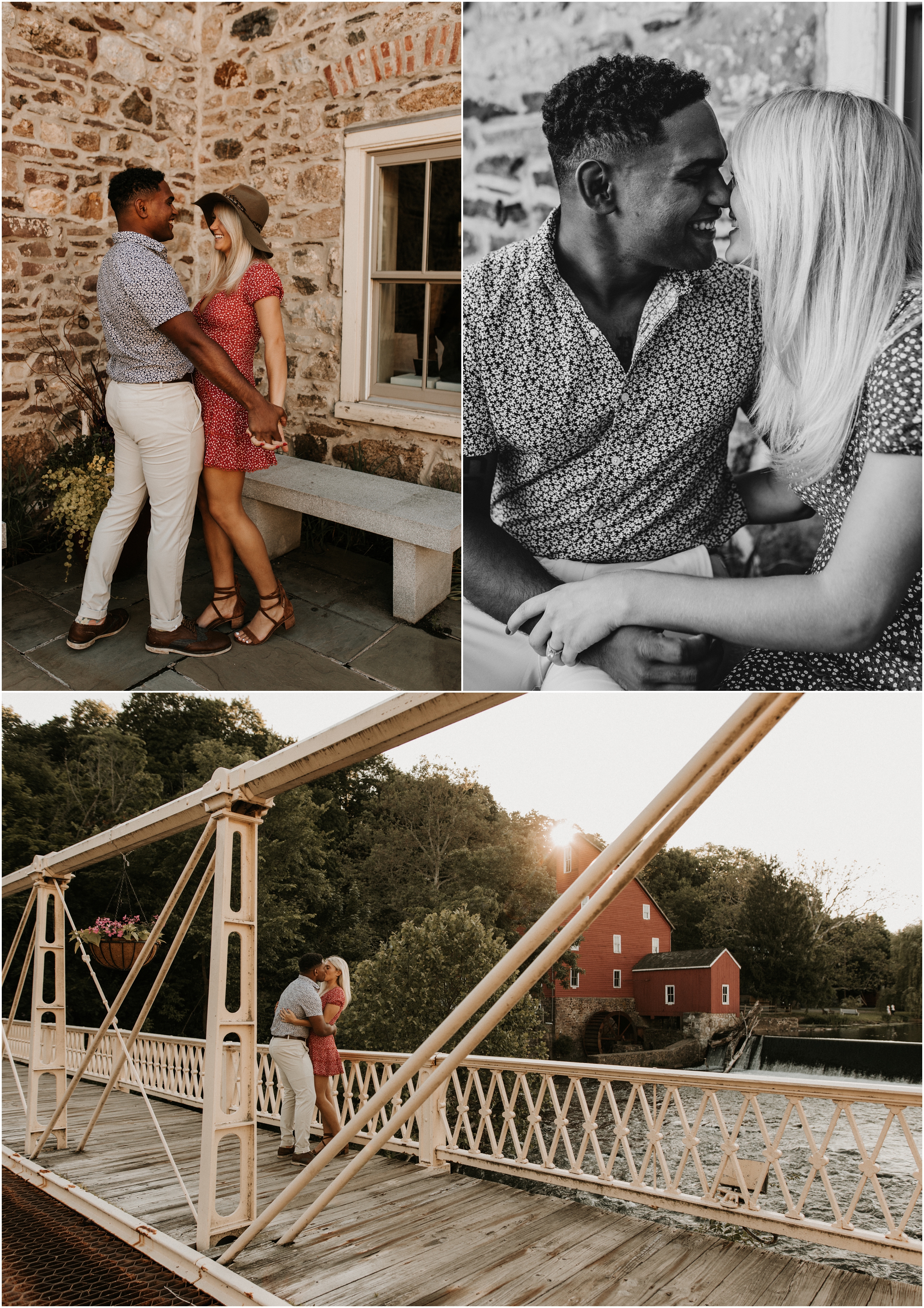couple kissing on bridge in downtown clinton overlooking red mill