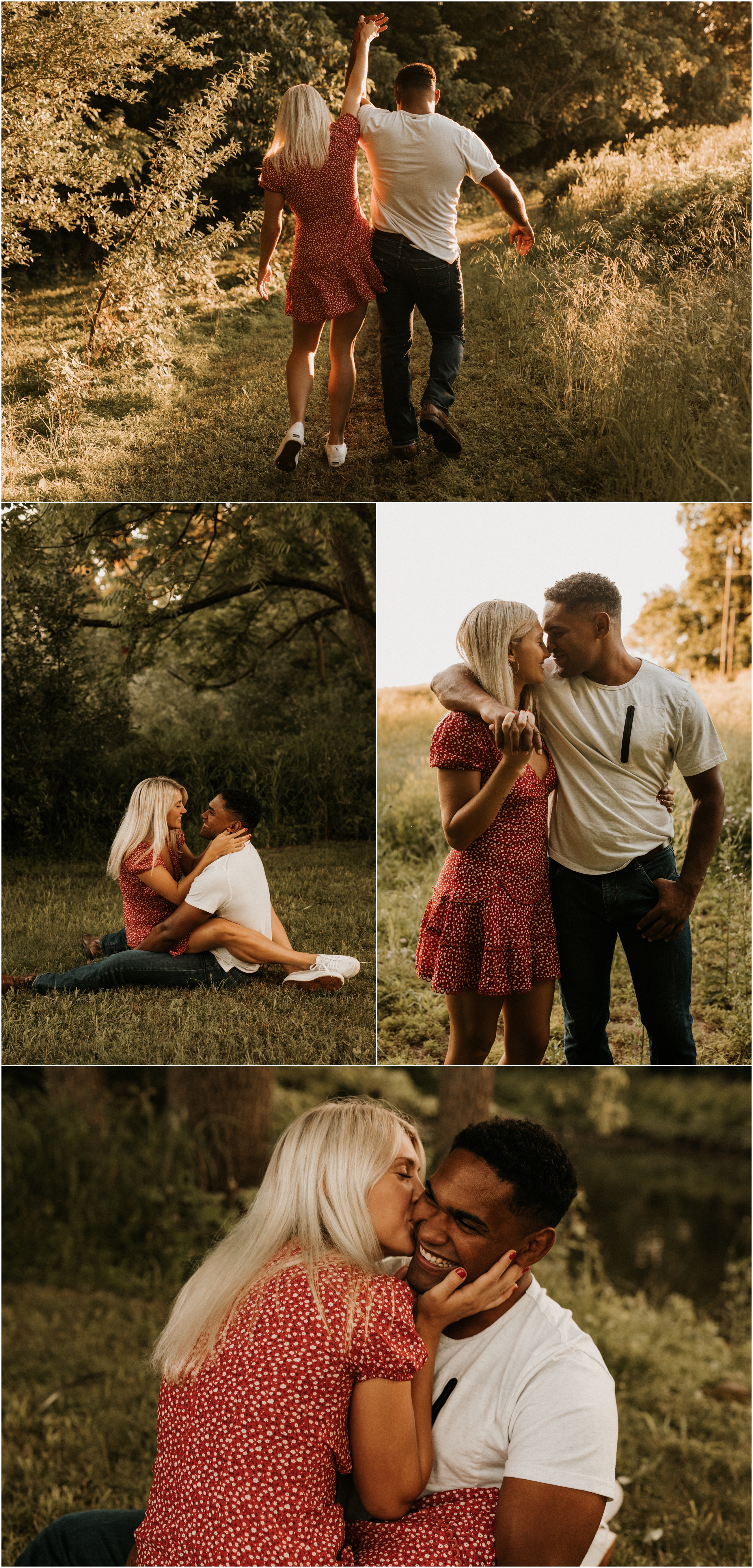 couple kissing in field at sunset