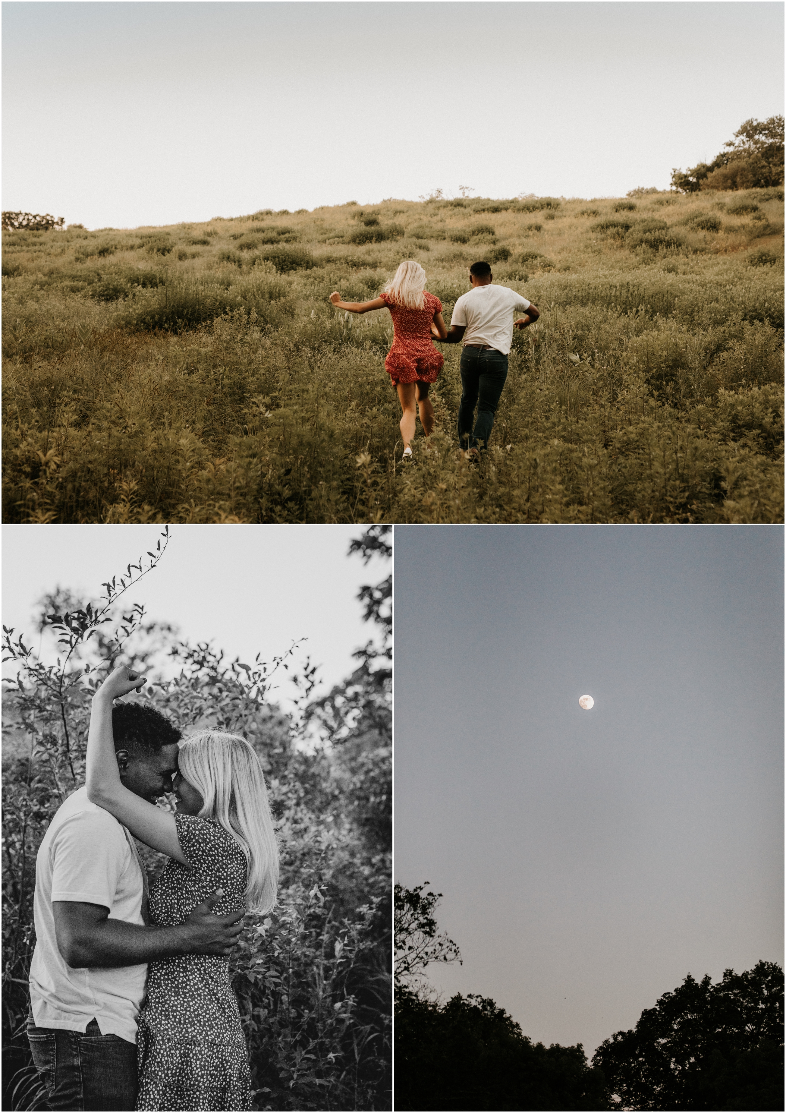 couple running away in open field at sunset, moon in sky