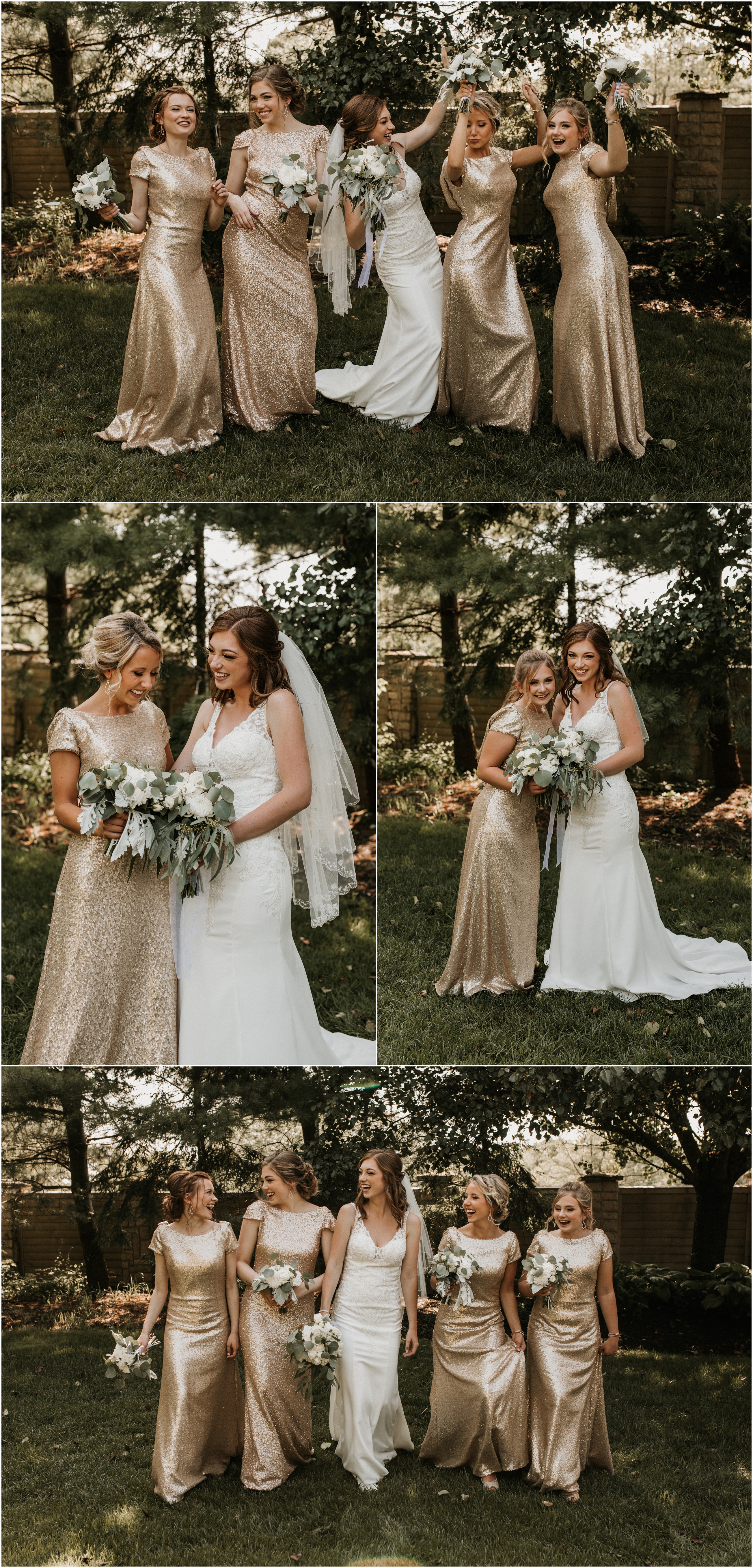 bridesmaids in gold sequin gowns
