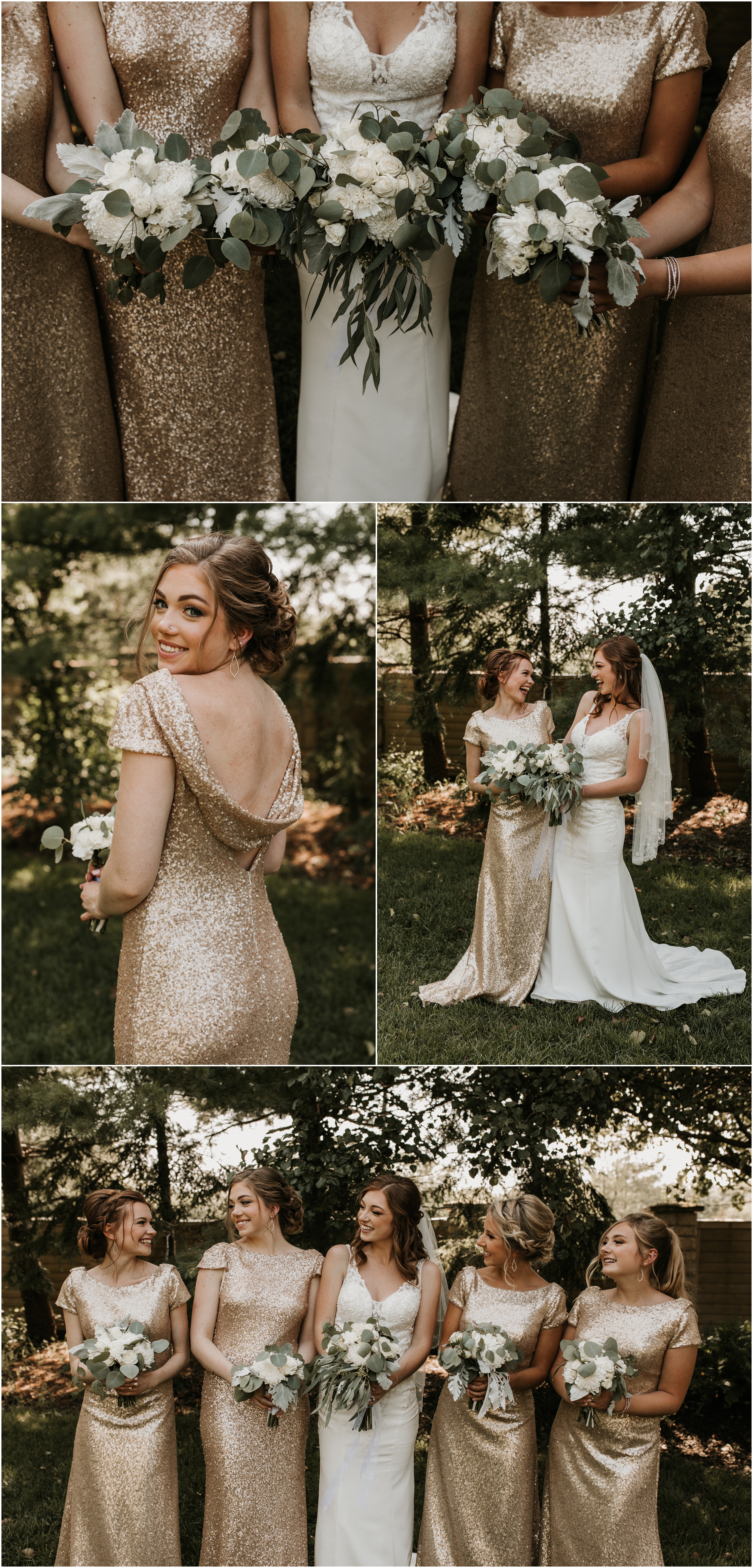 bridesmaids in gold gowns in nature