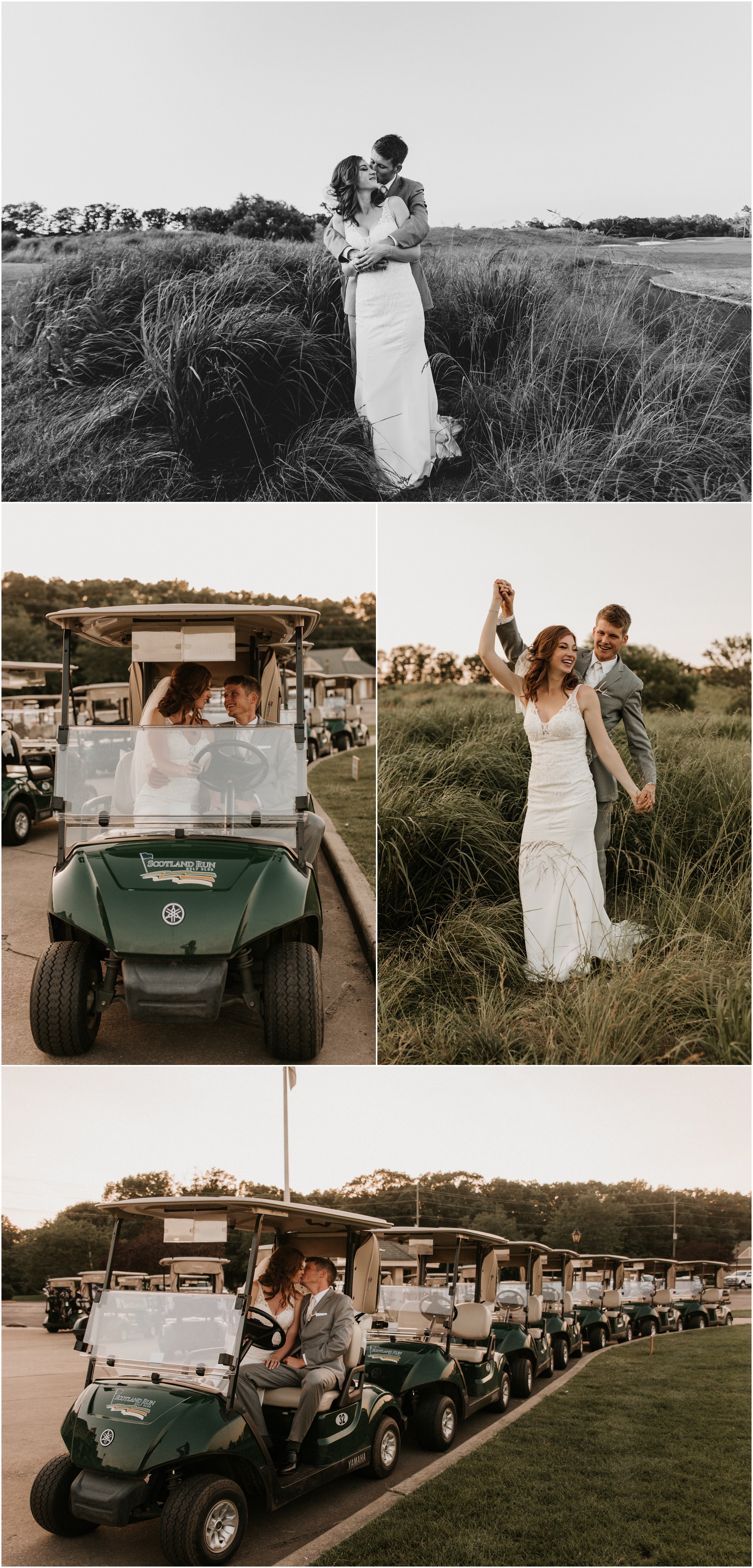 bride and groom portraits in golf course