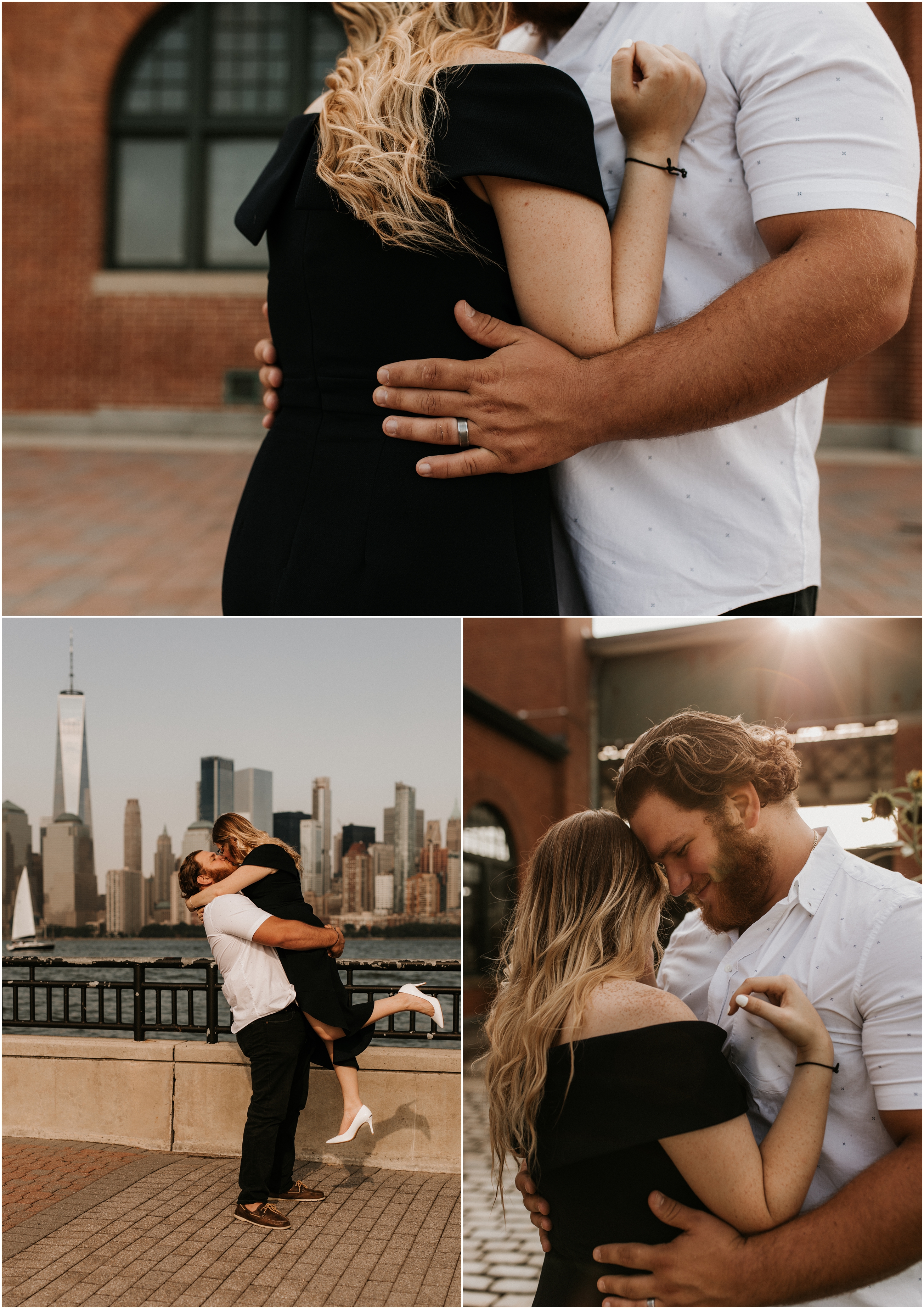 engaged couple kissing in front of nyc skyline