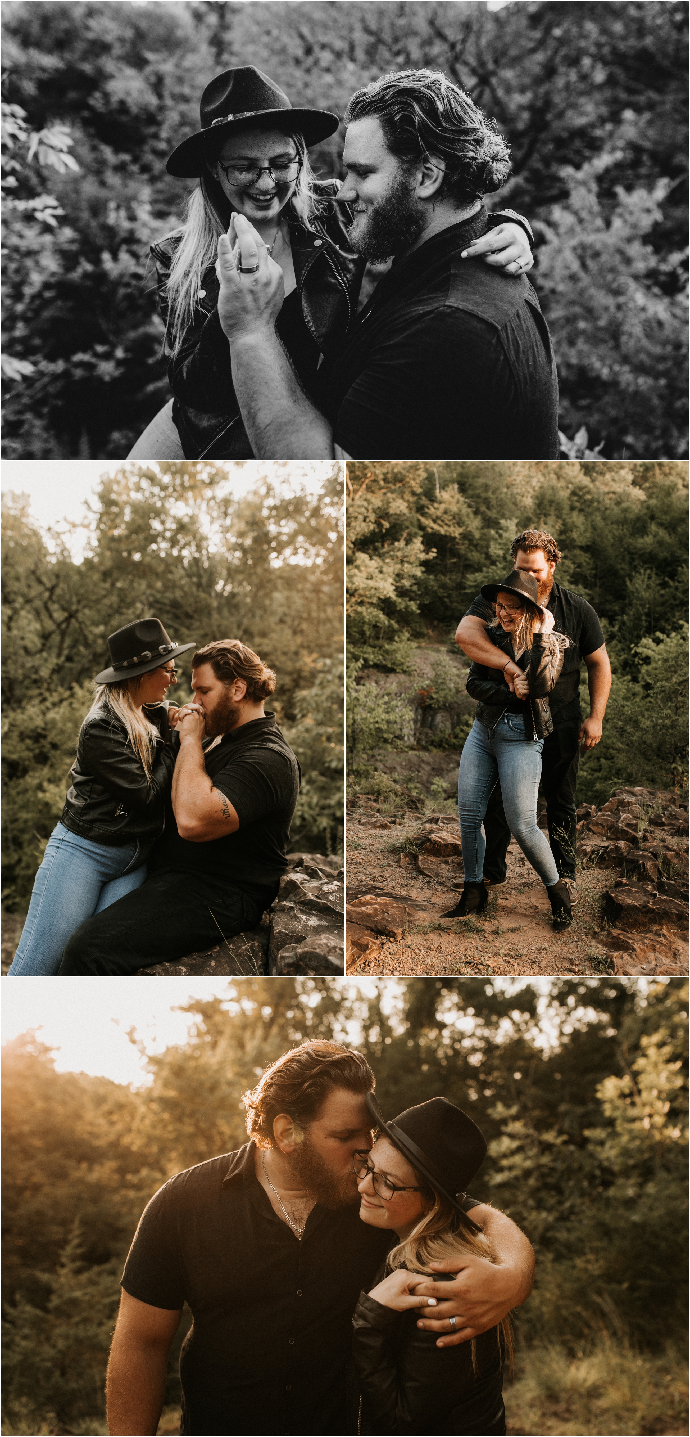 fiances kissing during engagement session out in nature